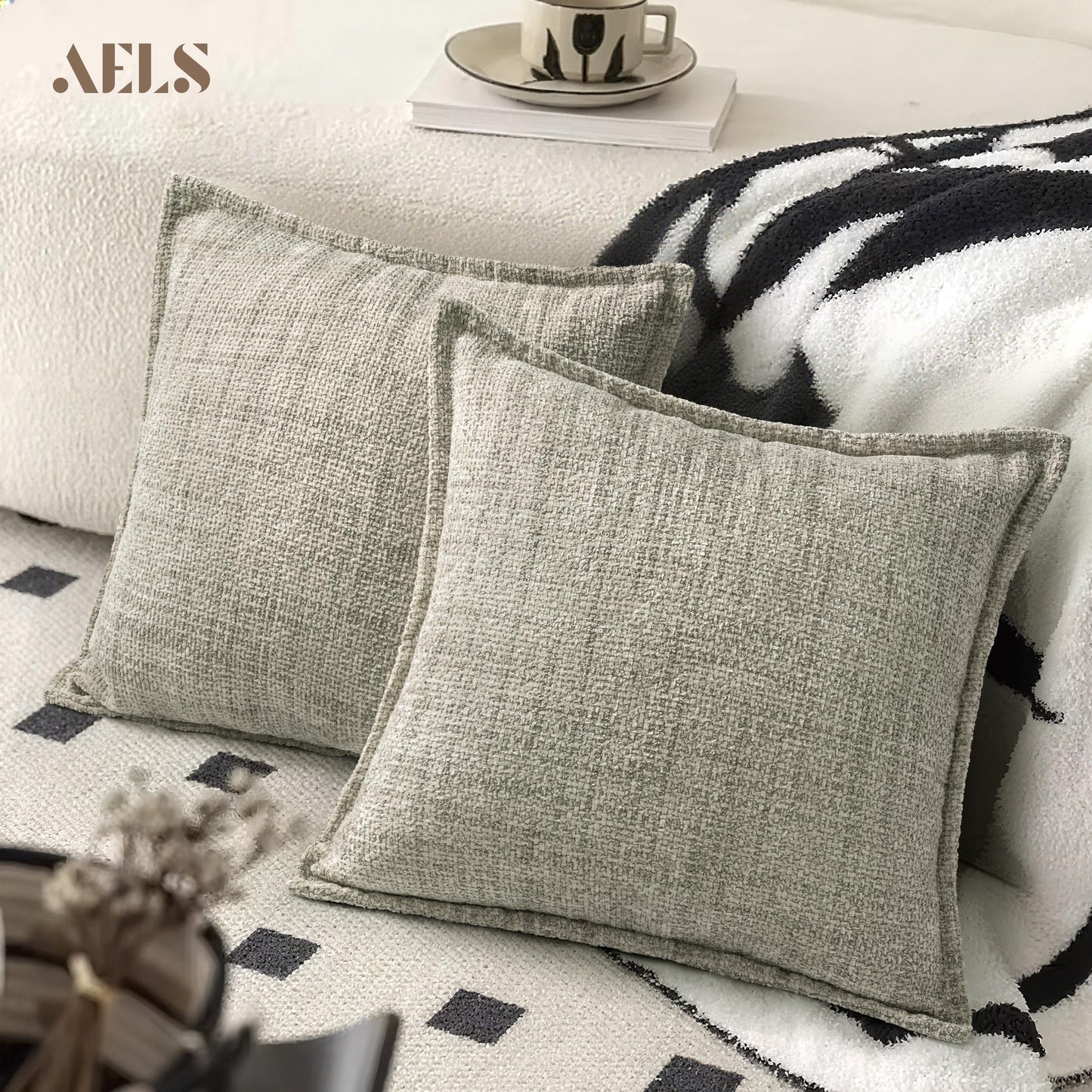 AELS 16x16 Decorative Chenille Farmhouse Throw Pillow Covers, Woven Pillow Case, Set of 2, Boho Textured Cushion Cover for Sofa Couch Living Room (Cover ONLY), Beige