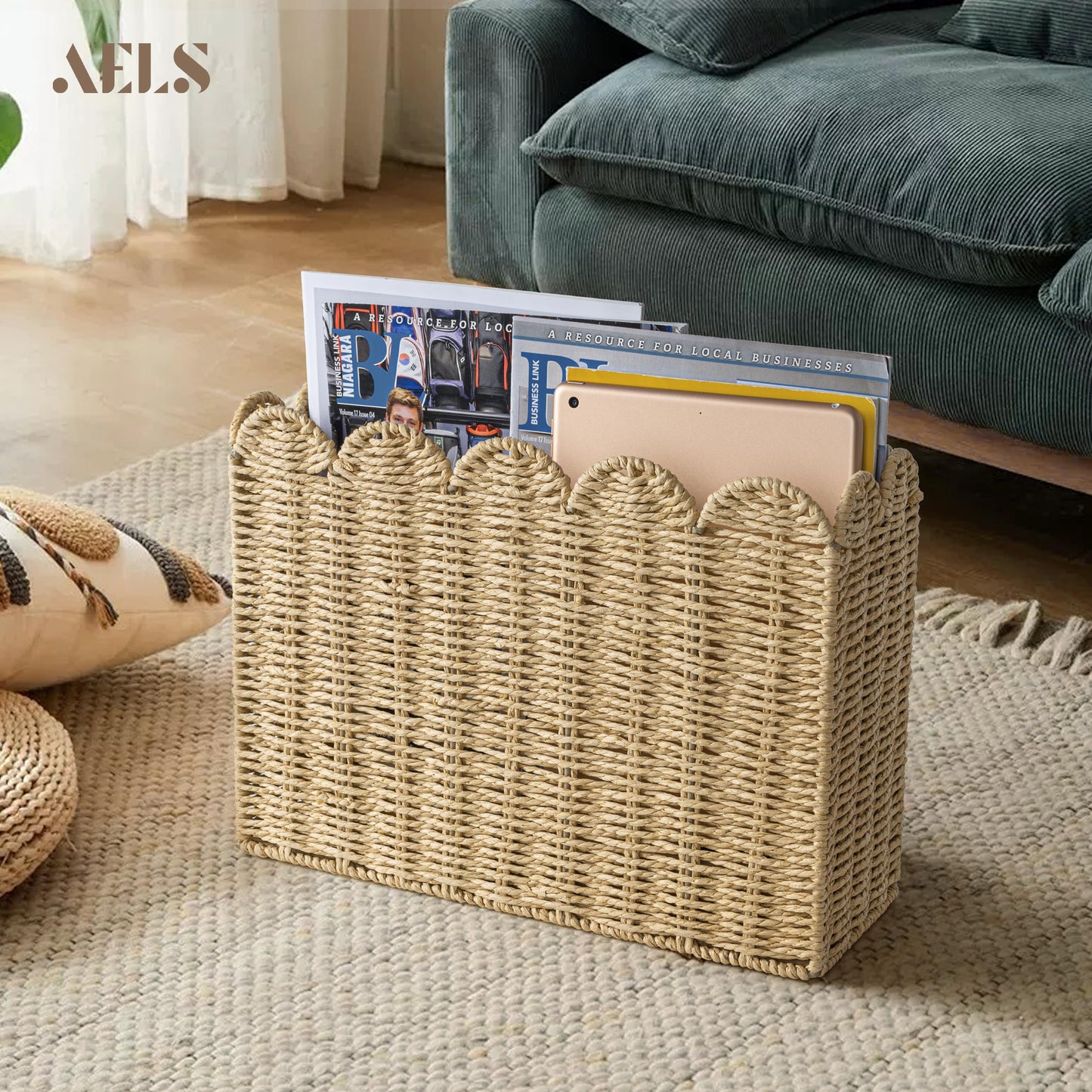 AELS Woven Natural Fibre Magazine Holder, Scalloped Edge Magazine Rack Floor, Hand-woven Magazine Organizer, Magazine Basket, Boho Modern Farmhouse Book Basket, File Newspaper Mail Holder for Office