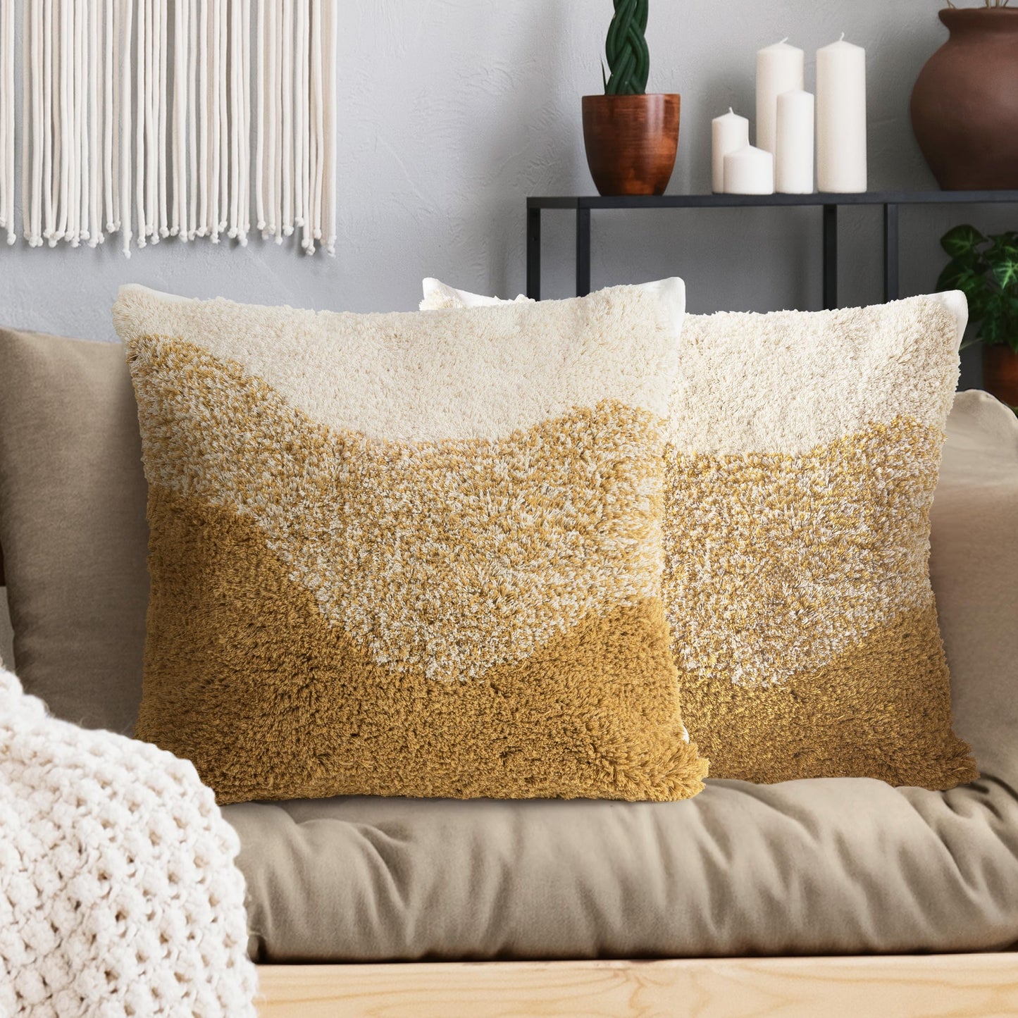 AELS Boho Decorative Textured Throw Pillow Covers 18x18, Modern Abstract Mid Century Pillow Case, Farmhouse Neutral Cushion Case for Bed Couch Sofa, Ombre Light Brown