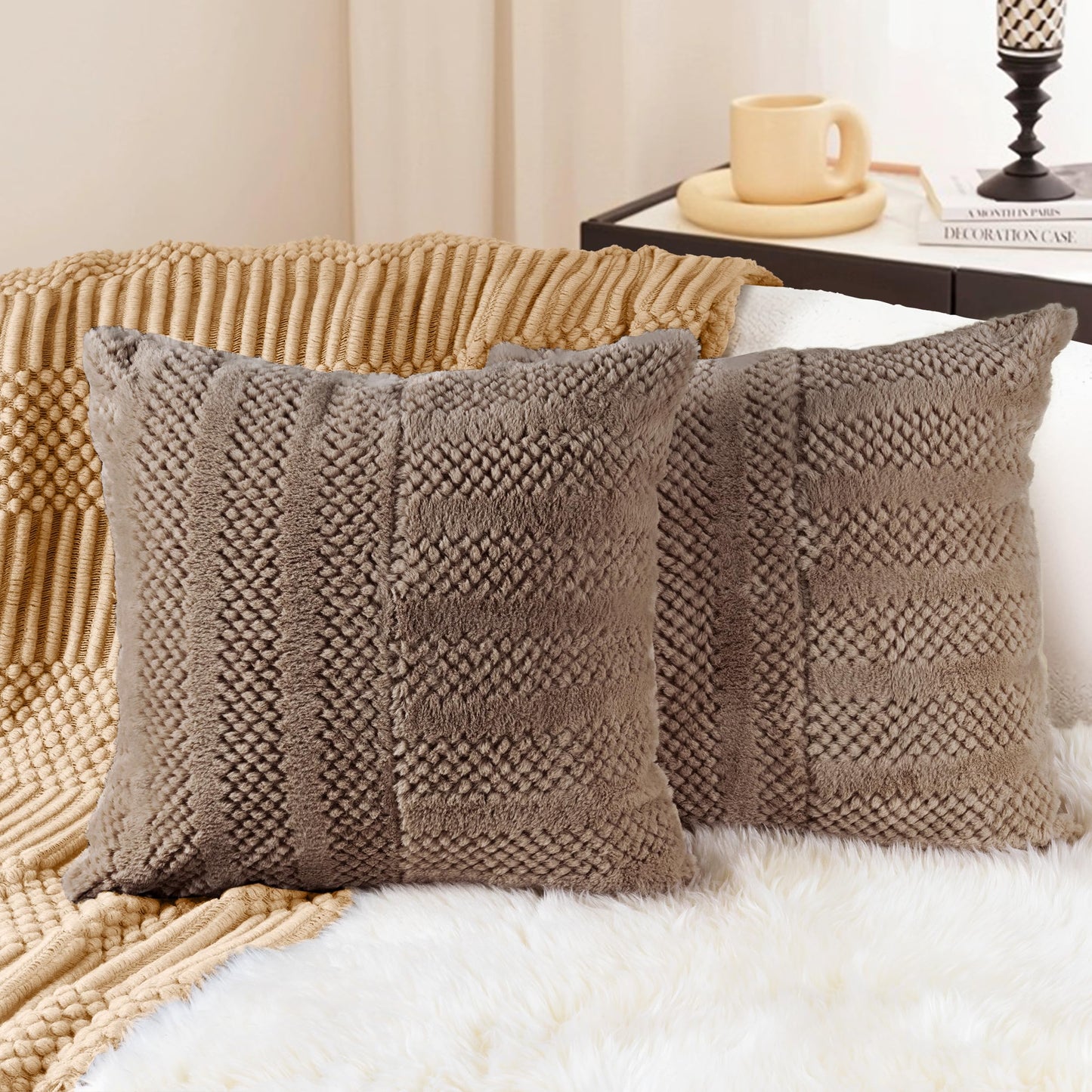 AELS 20x20 Decorative Boho Farmhouse Striped Throw Pillow Covers, Soft Faux Fur Pillow Case, Set of 2, Textured Patchwork Cushion Cover for Sofa Couch Living Room, Apricot & Brown (Cover ONLY)