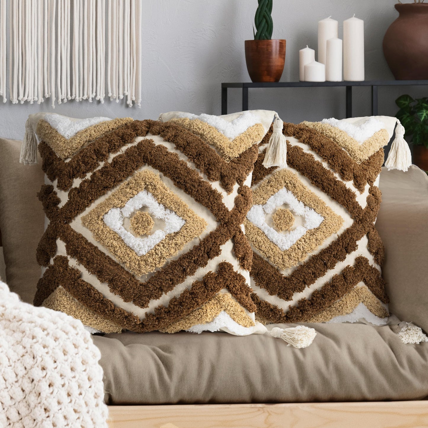 AELS Boho Decorative Textured Throw Pillow Covers 18x18, Modern Abstract Mid Century Pillow Case, Farmhouse Neutral Cushion Case for Bed Couch Sofa, Ombre Light Brown