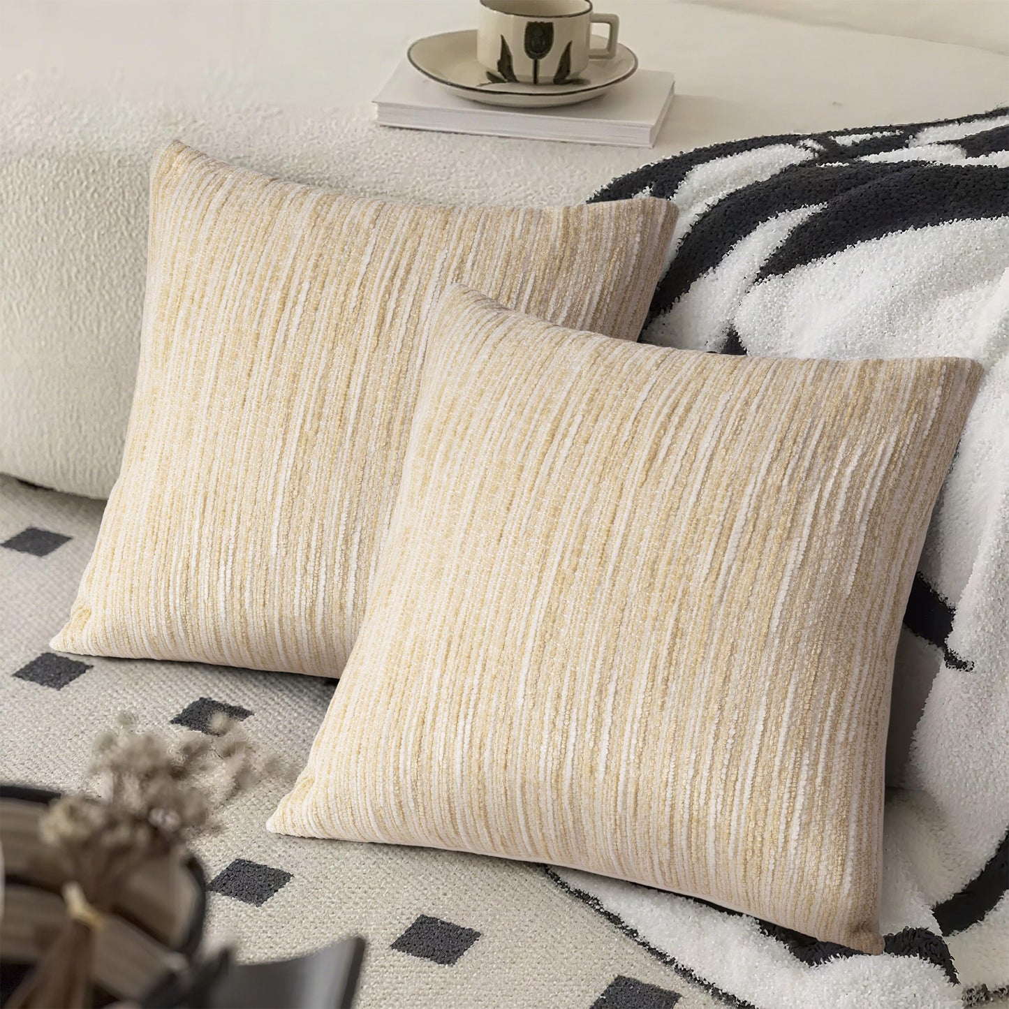 AELS 18x18 Decorative Farmhouse Throw Pillow Covers, Chenille Striped Pillow Case, Set of 2, Boho Textured Cushion Cover for Sofa Couch Living Room (Cover ONLY), Black and White