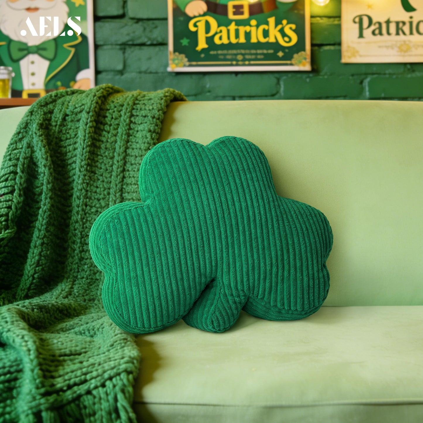 AELS Shamrock Pillow Set of 2, St. Patrick's Day Decorative Throw Pillow, 15.7" Corduroy Striped Cute Cushion for Living Room & Bedroom, Perfect for Holiday Home Decor, Irish Green