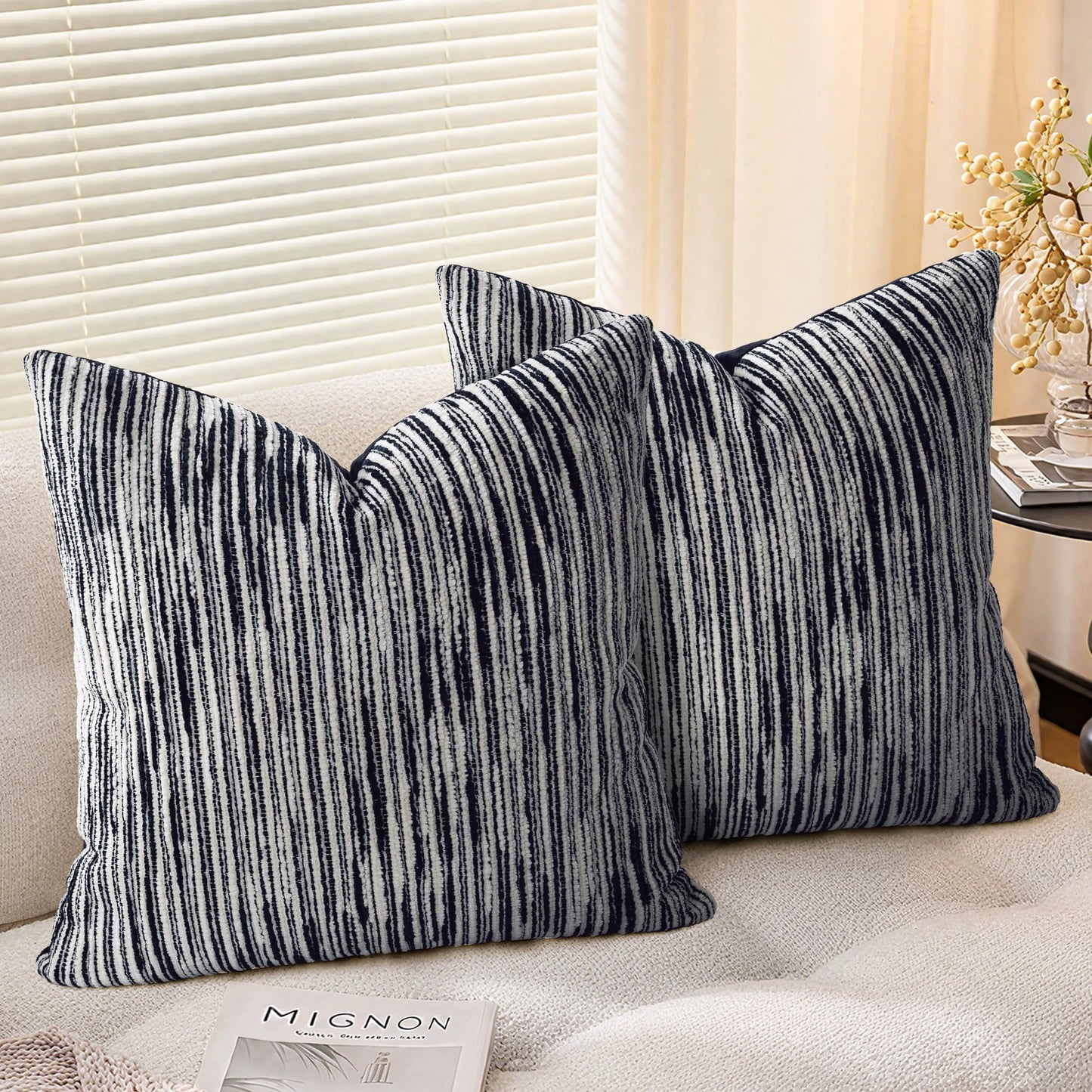 AELS 18x18 Decorative Farmhouse Throw Pillow Covers, Chenille Striped Pillow Case, Set of 2, Boho Textured Cushion Cover for Sofa Couch Living Room (Cover ONLY), Black and White