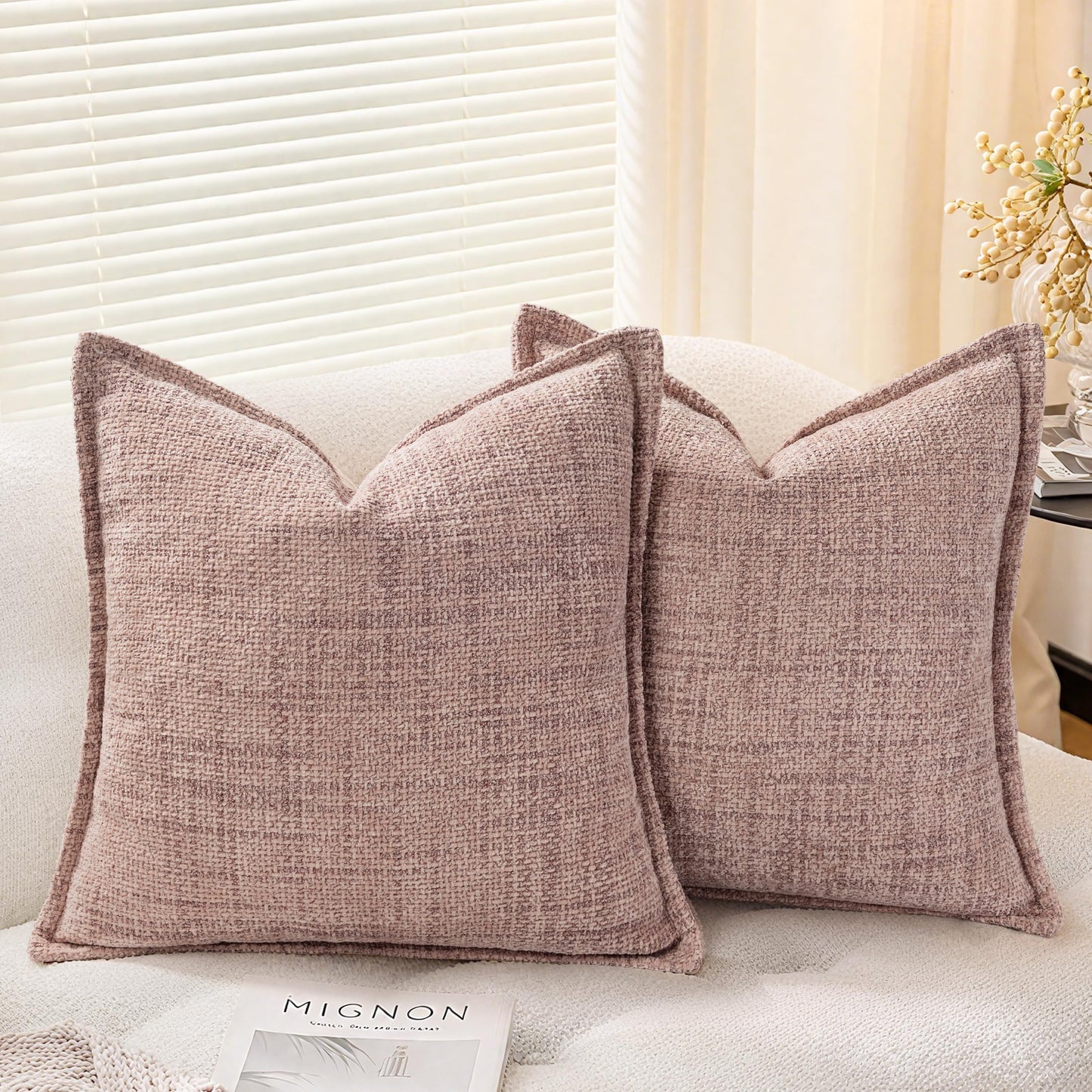 AELS 16x16 Decorative Chenille Farmhouse Throw Pillow Covers, Woven Pillow Case, Set of 2, Boho Textured Cushion Cover for Sofa Couch Living Room (Cover ONLY), Beige