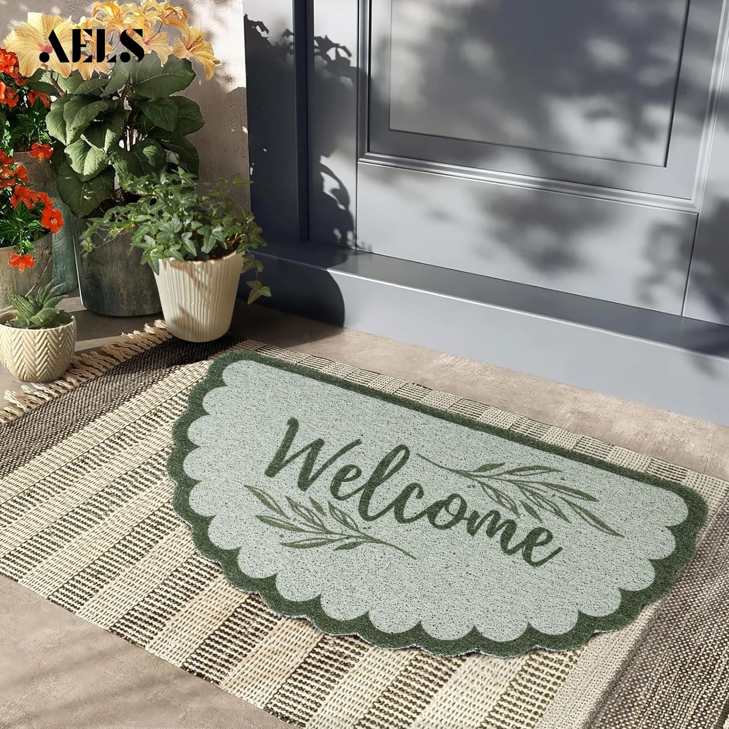 AELS 31.7" x 17" Outdoor Welcome Mat, Dirt Trapper Front Door Mat, Low Profile Entryway Rug, Small Garage Door Mat, Half Circle Door Mat Indoor, Easy to Clean Door Mat Waterproof, Sage Green