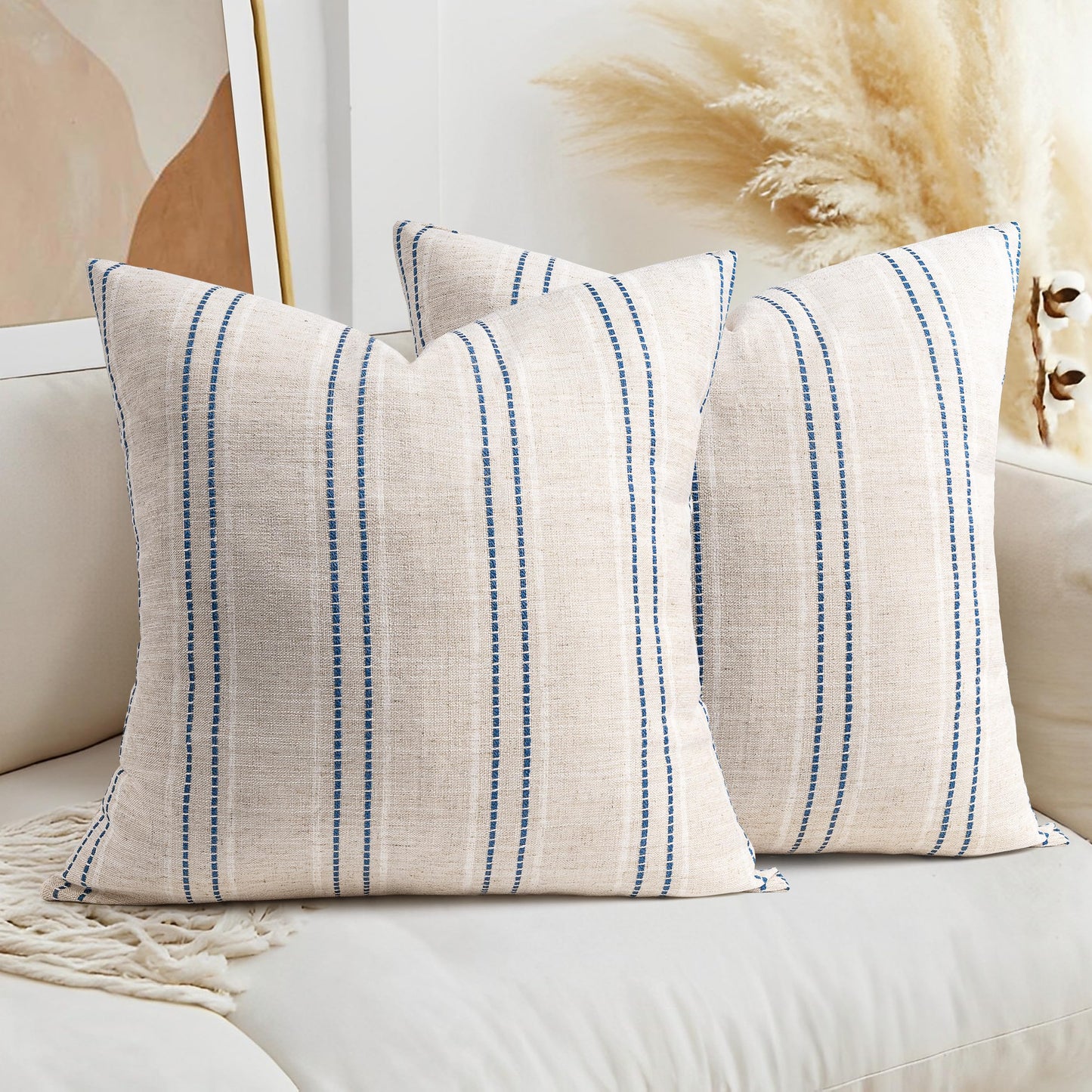 AELS 14x36 Decorative Lumbar Throw Pillow Covers, Farmhouse Linen Textured Long Pillow Case, Beige with White & Navy Blue Stitch Boho Cushion Cover for Couch Living Room (Cover ONLY)