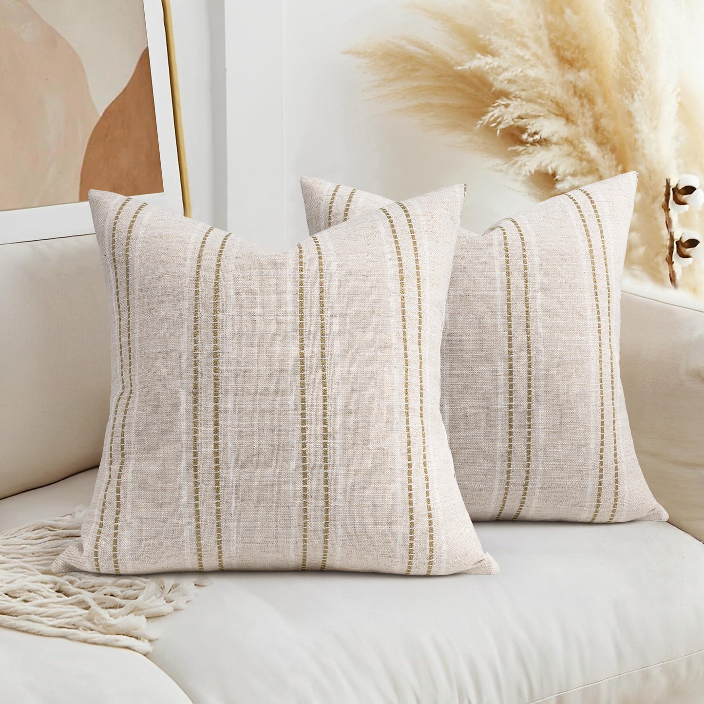 AELS 14x36 Decorative Lumbar Throw Pillow Covers, Farmhouse Linen Textured Long Pillow Case, Beige with White & Navy Blue Stitch Boho Cushion Cover for Couch Living Room (Cover ONLY)