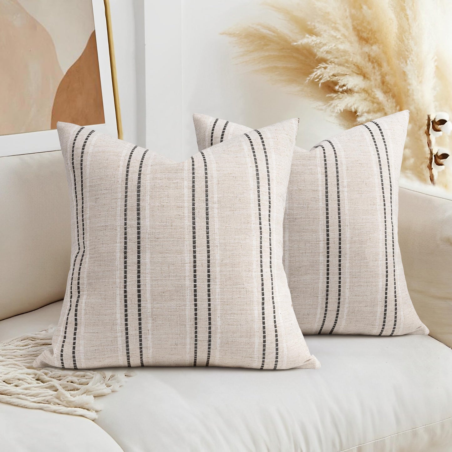 AELS 14x36 Decorative Lumbar Throw Pillow Covers, Farmhouse Linen Textured Long Pillow Case, Beige with White & Navy Blue Stitch Boho Cushion Cover for Couch Living Room (Cover ONLY)