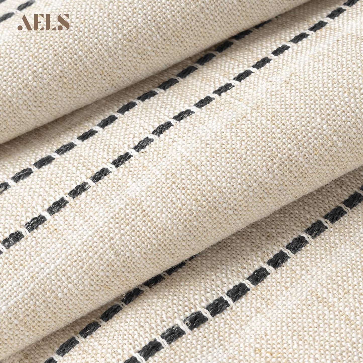 AELS 14x36 Decorative Lumbar Throw Pillow Covers, Farmhouse Linen Textured Long Pillow Case, Beige with White & Navy Blue Stitch Boho Cushion Cover for Couch Living Room (Cover ONLY)