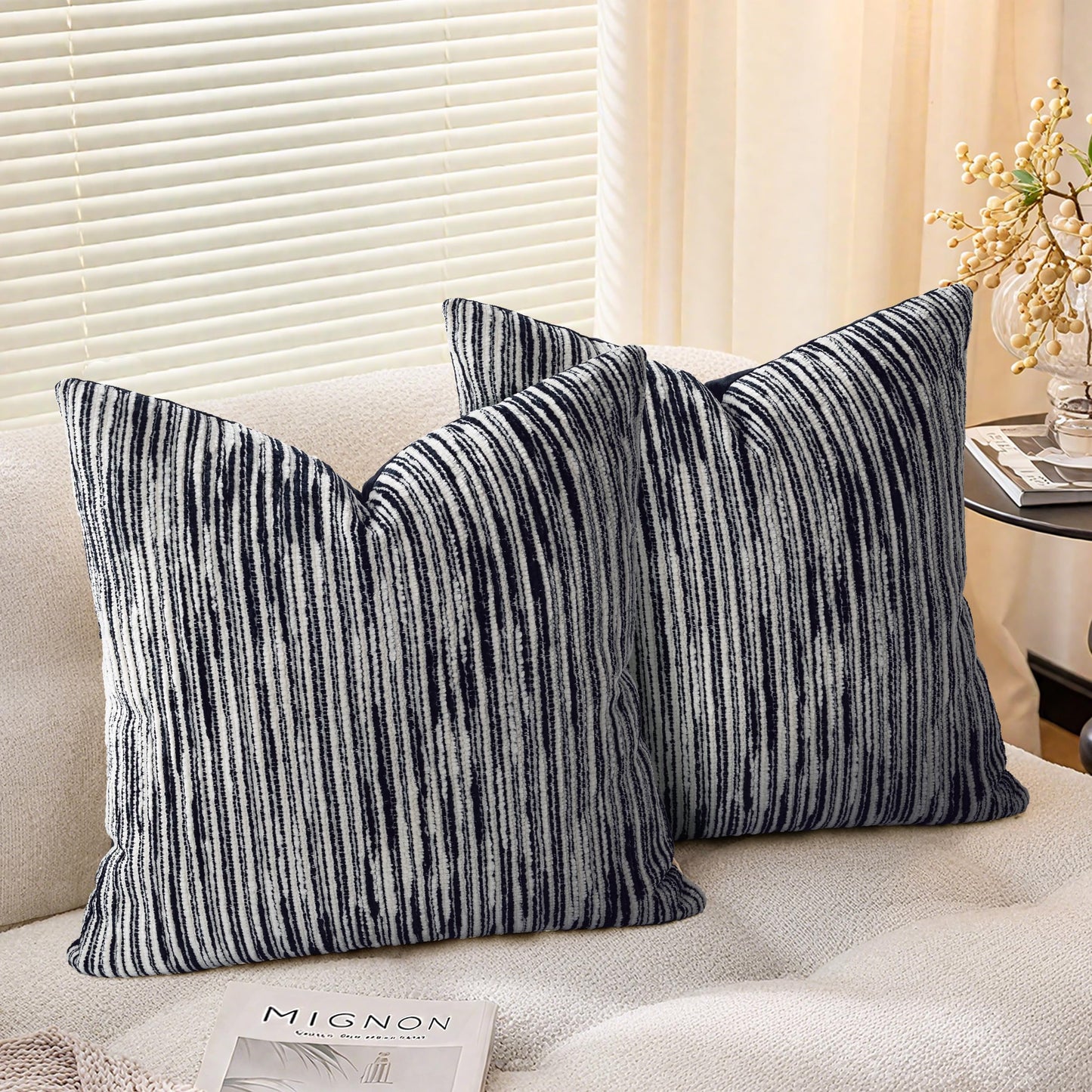 AELS 18x18 Decorative Farmhouse Throw Pillow Covers, Chenille Striped Pillow Case, Set of 2, Boho Textured Cushion Cover for Sofa Couch Living Room (Cover ONLY), Black and White
