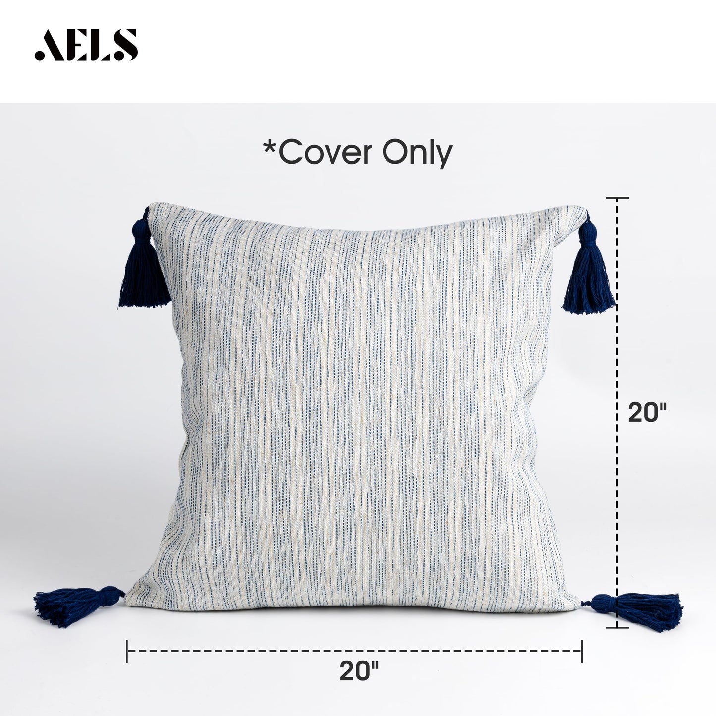 AELS 18x18 Decorative Farmhouse Linen Throw Pillow Covers with Tassels, Boho Textured Pillow Case, Set of 2, Beige with Ombre Blue Stitch Yarn Dyed Stripe Cushion Cover (Cover ONLY)