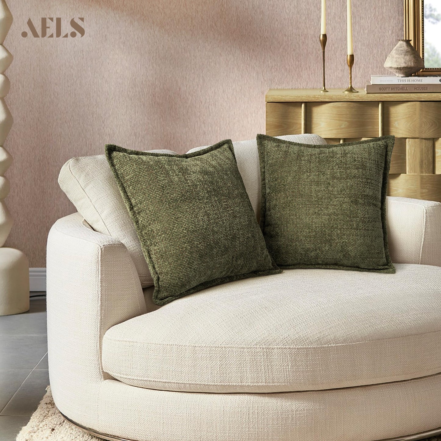 AELS 16x16 Decorative Chenille Farmhouse Throw Pillow Covers, Woven Pillow Case, Set of 2, Boho Textured Cushion Cover for Sofa Couch Living Room (Cover ONLY), Beige