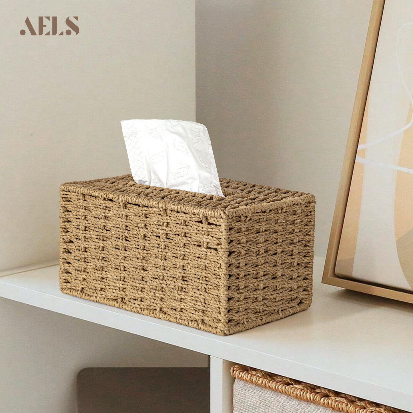 AELS Farmhouse Tissue Box Cover Square, Hand Woven Strawpaper Facial Tissue Paper Holder, Cute Tissue Box Holder Square, Boho Bathroom Decor Box for Tissues Cube Box w/Elastic Bottom, Beige