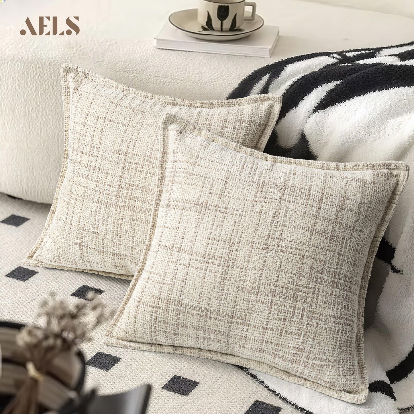 AELS 16x16 Decorative Chenille Farmhouse Throw Pillow Covers, Woven Pillow Case, Set of 2, Boho Textured Cushion Cover for Sofa Couch Living Room (Cover ONLY), Beige