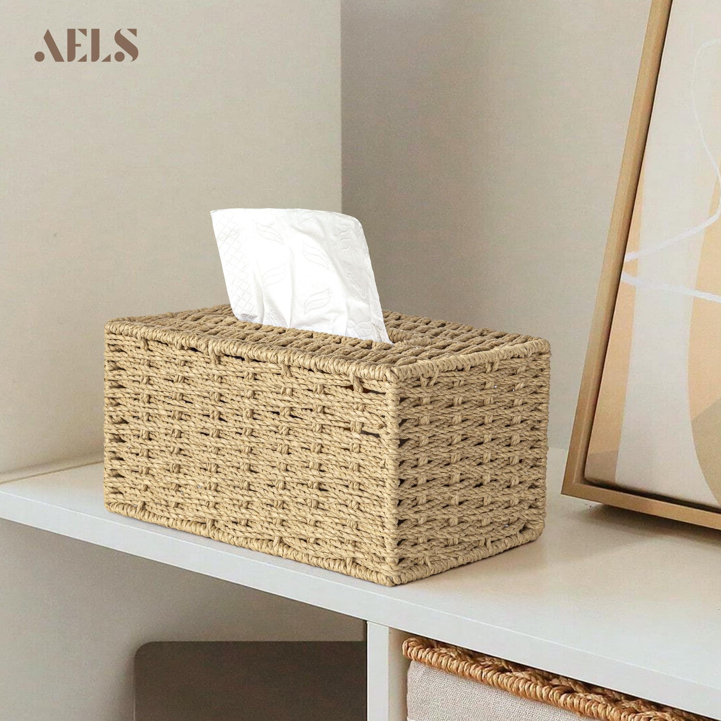 AELS Farmhouse Tissue Box Cover Square, Hand Woven Strawpaper Facial Tissue Paper Holder, Cute Tissue Box Holder Square, Boho Bathroom Decor Box for Tissues Cube Box w/Elastic Bottom, Beige