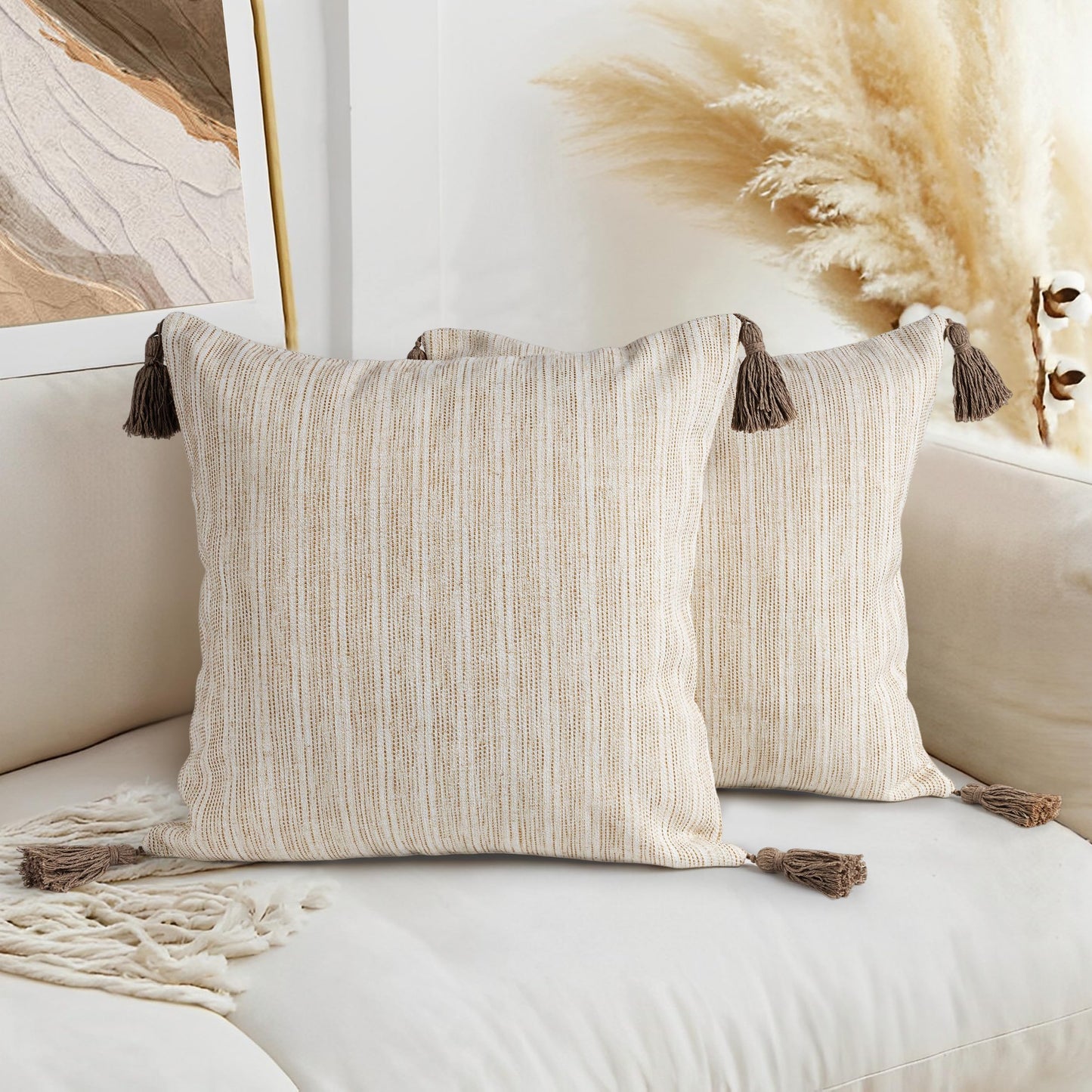 AELS 18x18 Decorative Farmhouse Linen Throw Pillow Covers with Tassels, Boho Textured Pillow Case, Set of 2, Beige with Ombre Blue Stitch Yarn Dyed Stripe Cushion Cover (Cover ONLY)