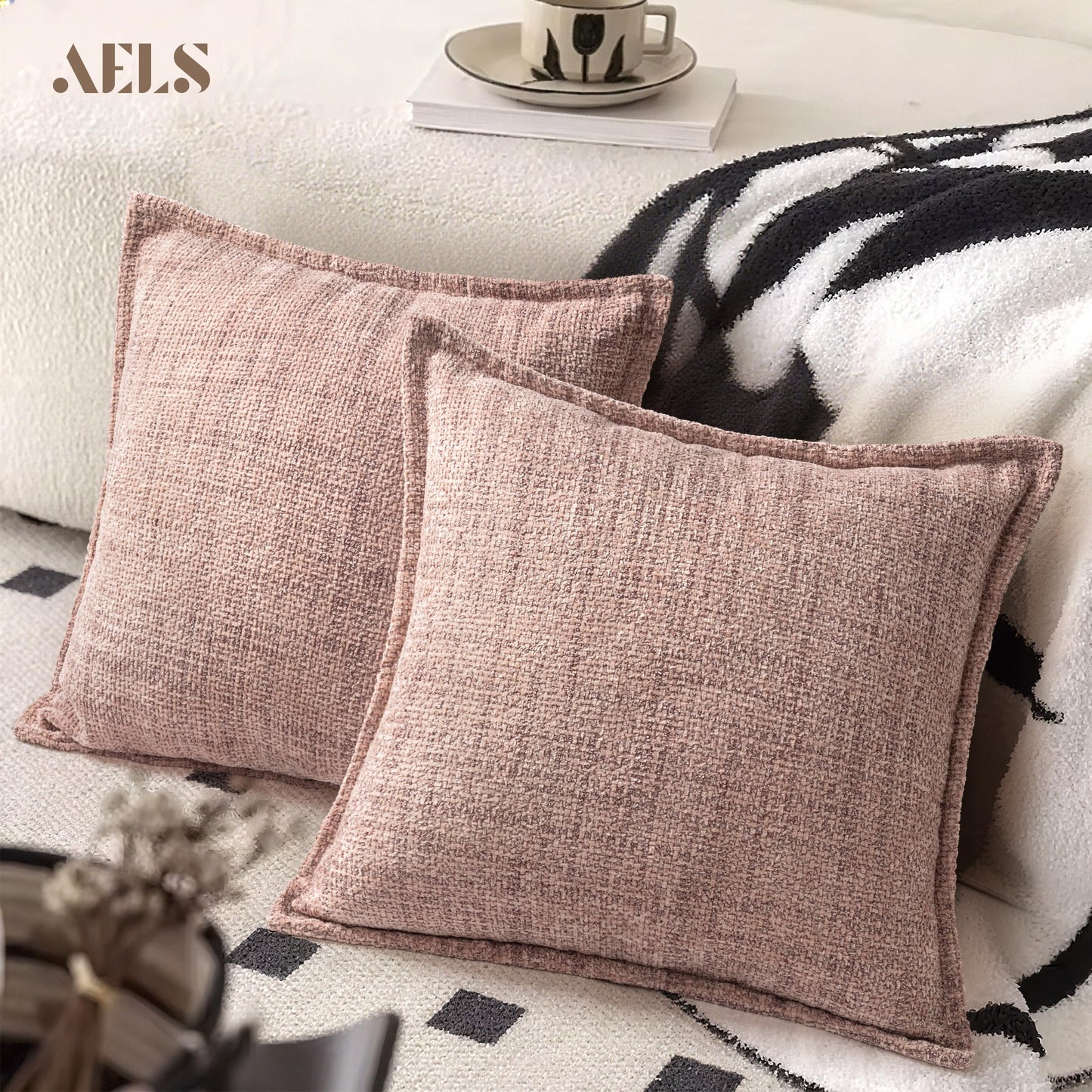 AELS 16x16 Decorative Chenille Farmhouse Throw Pillow Covers, Woven Pillow Case, Set of 2, Boho Textured Cushion Cover for Sofa Couch Living Room (Cover ONLY), Beige
