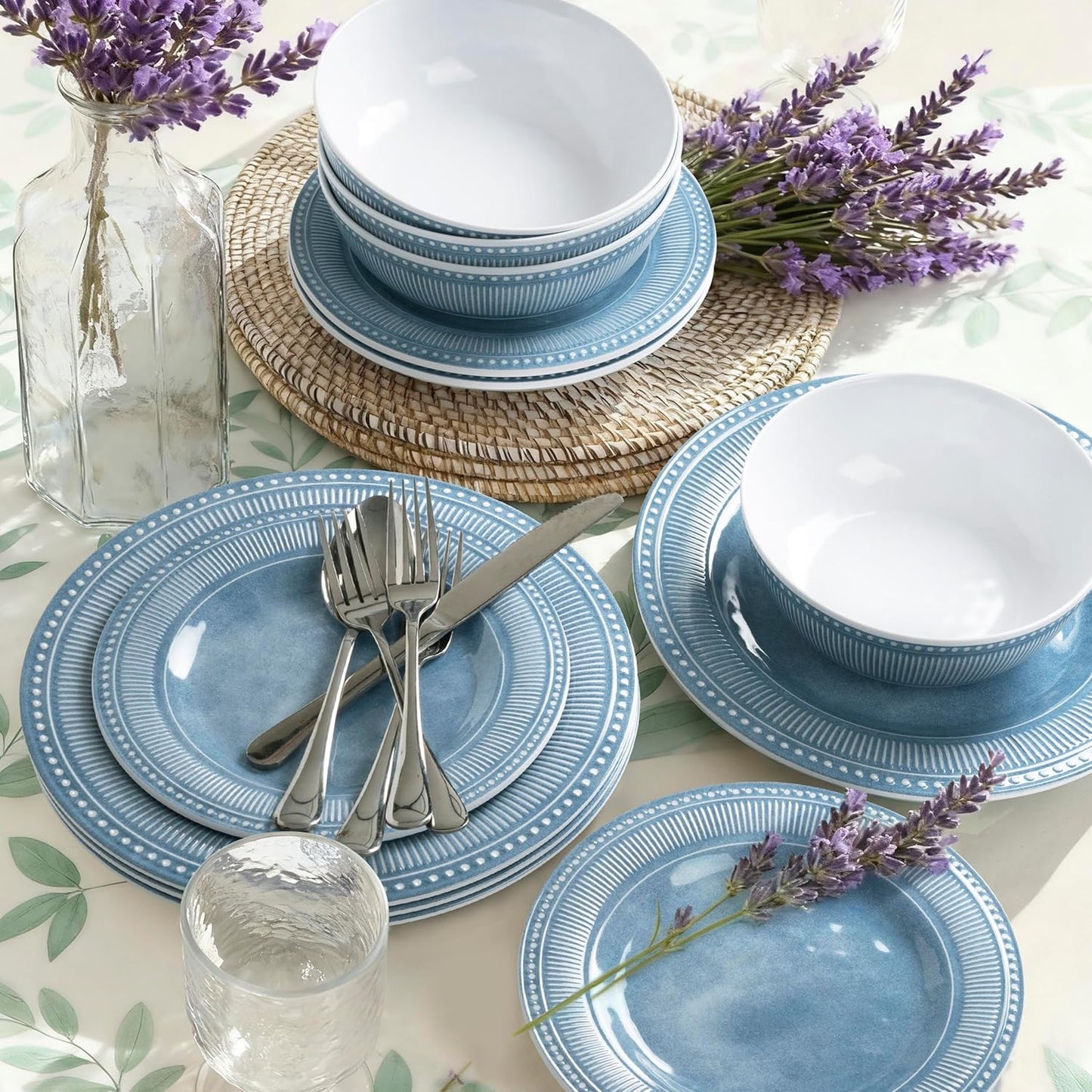 AELS Melamine Dinnerware Set of 12 Pcs, Dinner Dishes Set for Indoor and Outdoor Use, Melamine Plates and Bowls Set for 4, Dishwasher Safe, Lightweight Unbreakable, BPA Free, Blue