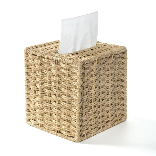 AELS Farmhouse Tissue Box Cover Square, Hand Woven Strawpaper Facial Tissue Paper Holder, Cute Tissue Box Holder Square, Boho Bathroom Decor Box for Tissues Cube Box w/Elastic Bottom, Beige