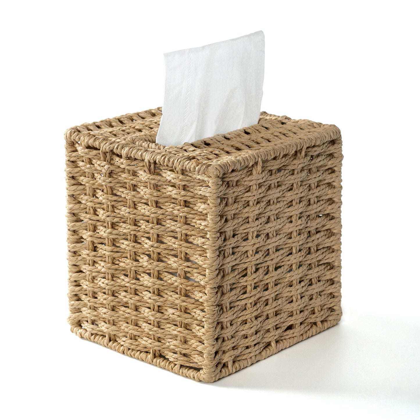 AELS Farmhouse Tissue Box Cover Square, Hand Woven Strawpaper Facial Tissue Paper Holder, Cute Tissue Box Holder Square, Boho Bathroom Decor Box for Tissues Cube Box w/Elastic Bottom, Beige