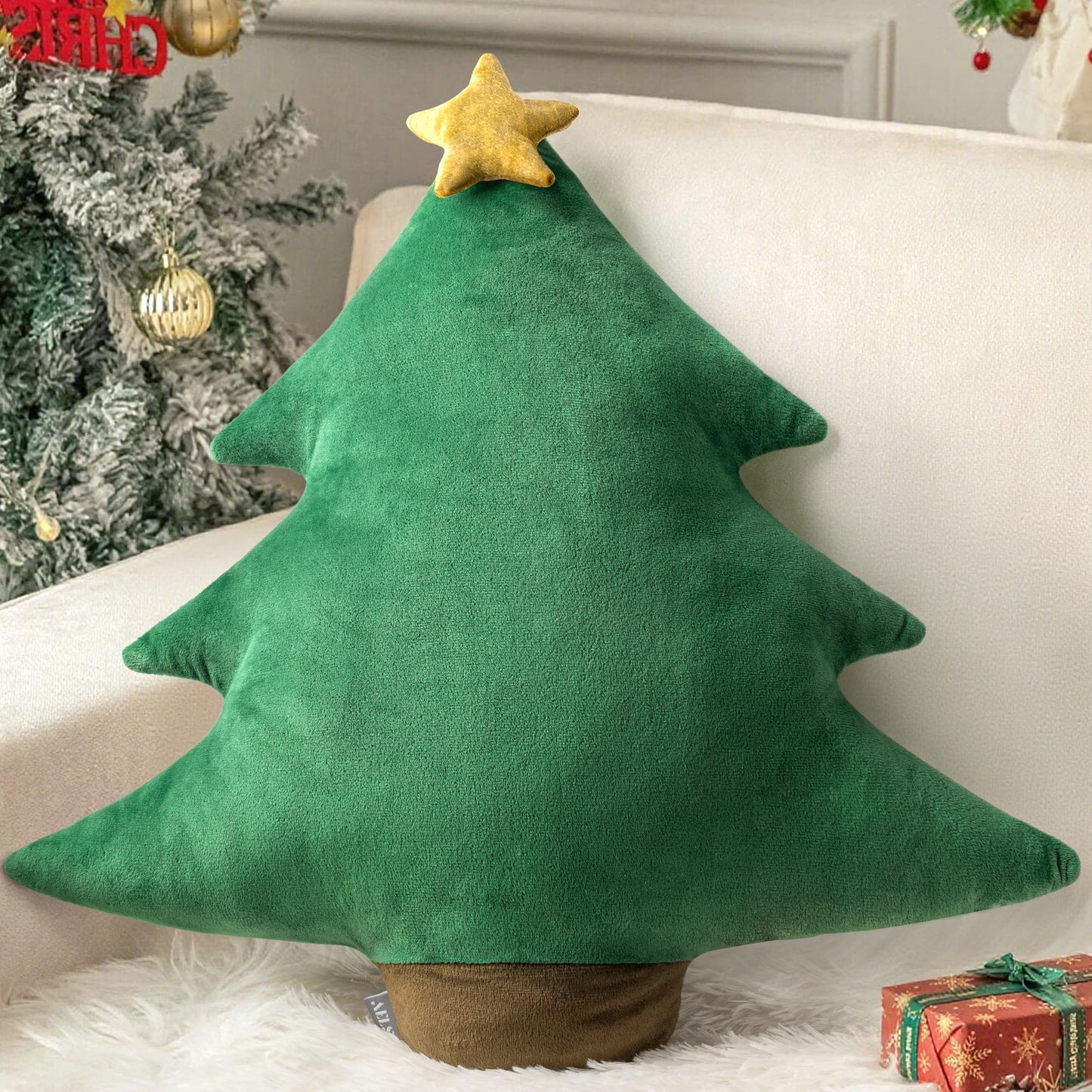 AELS Christmas Tree Decorative Throw Pillow, 19.6 & 15.7 Inch Holiday Throw Pillows for Christmas Decor, Plush Tree Shaped Decorative Pillows for Living Room Bedroom Sofa, Green