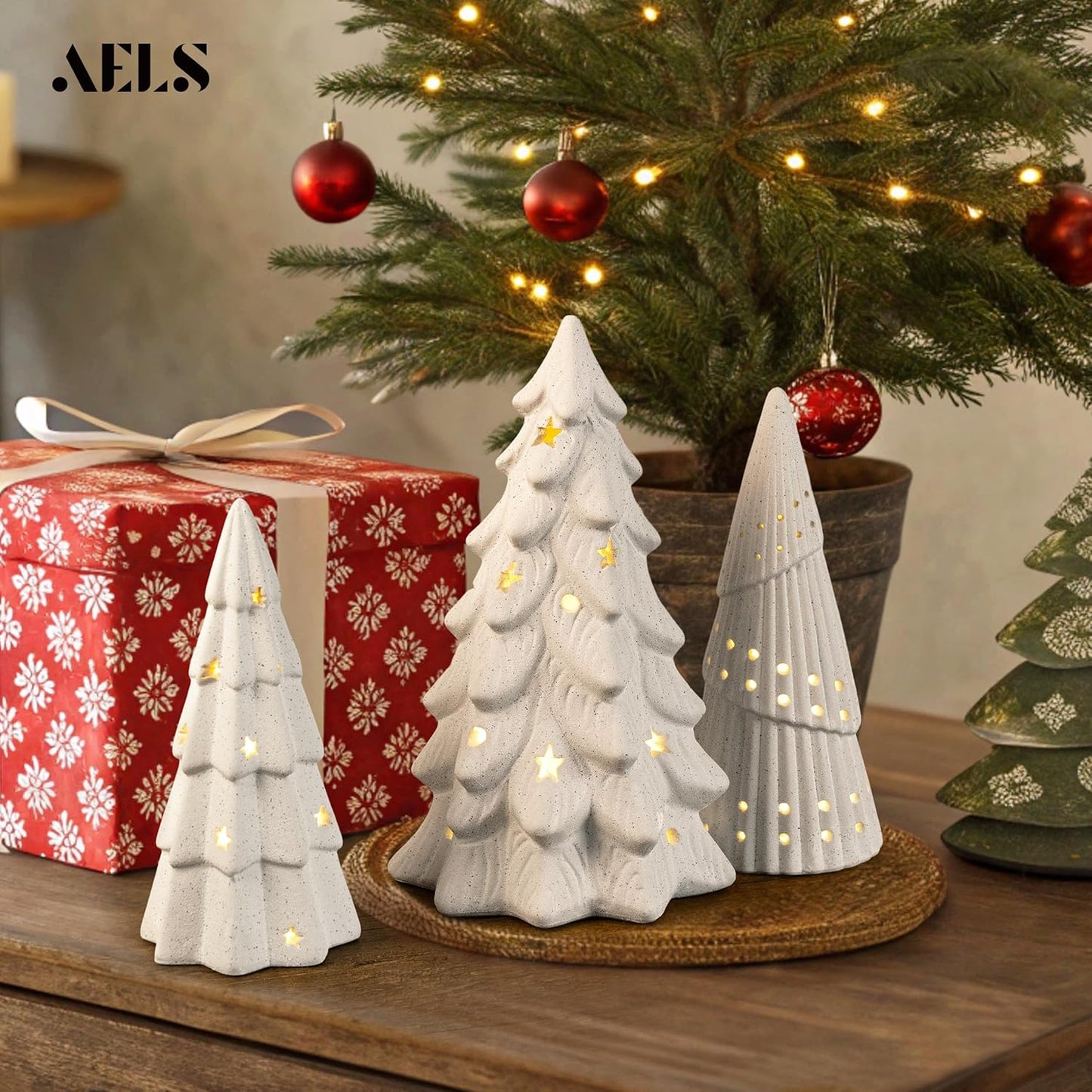 AELS Cordless Lighted Ceramic Christmas Tree, Set of 3, Matte White Tabletop Xmas Figurines Decorations with Lights for Christmas Holiday Decor, White Christmas Decorations
