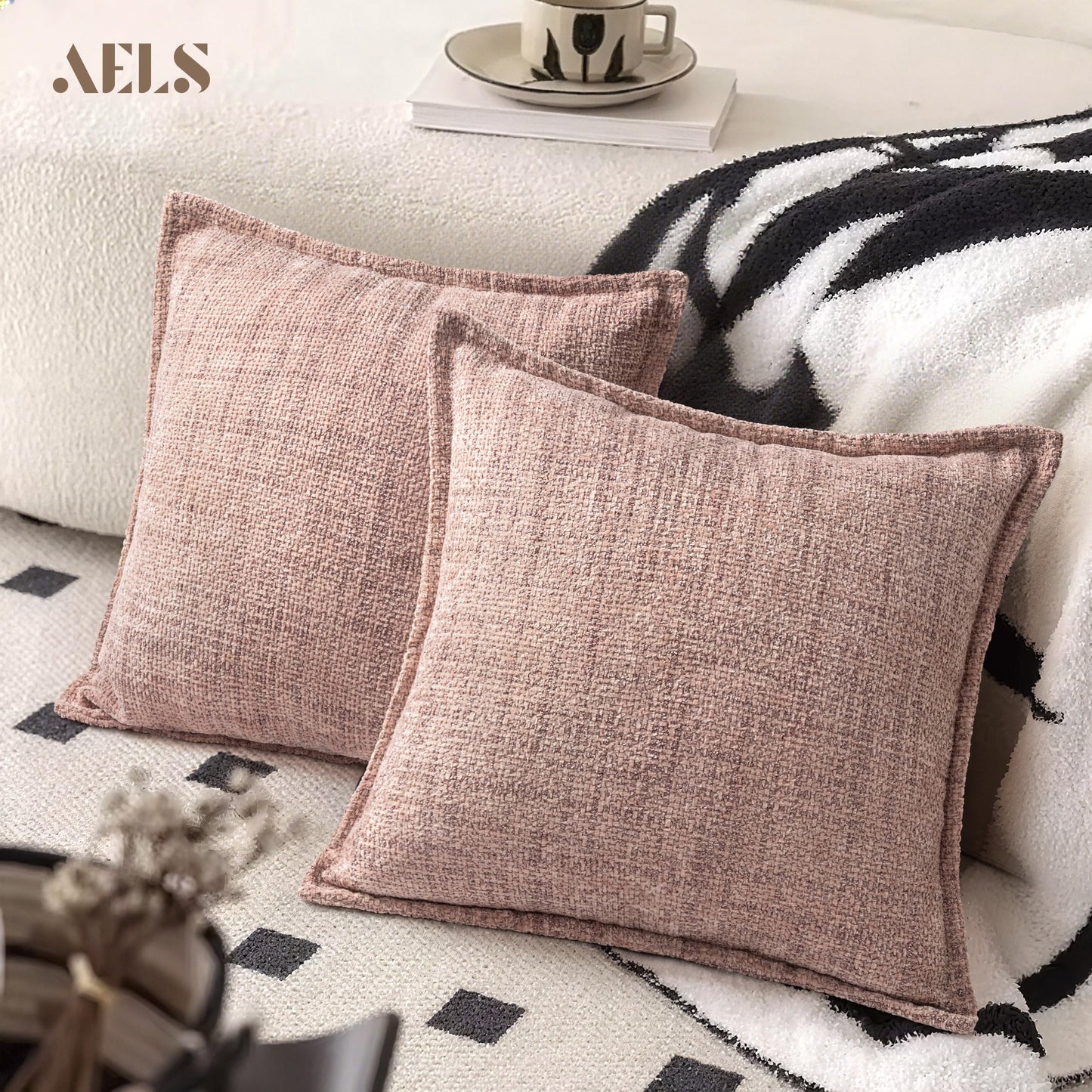 AELS 16x16 Decorative Chenille Farmhouse Throw Pillow Covers, Woven Pillow Case, Set of 2, Boho Textured Cushion Cover for Sofa Couch Living Room (Cover ONLY), Beige