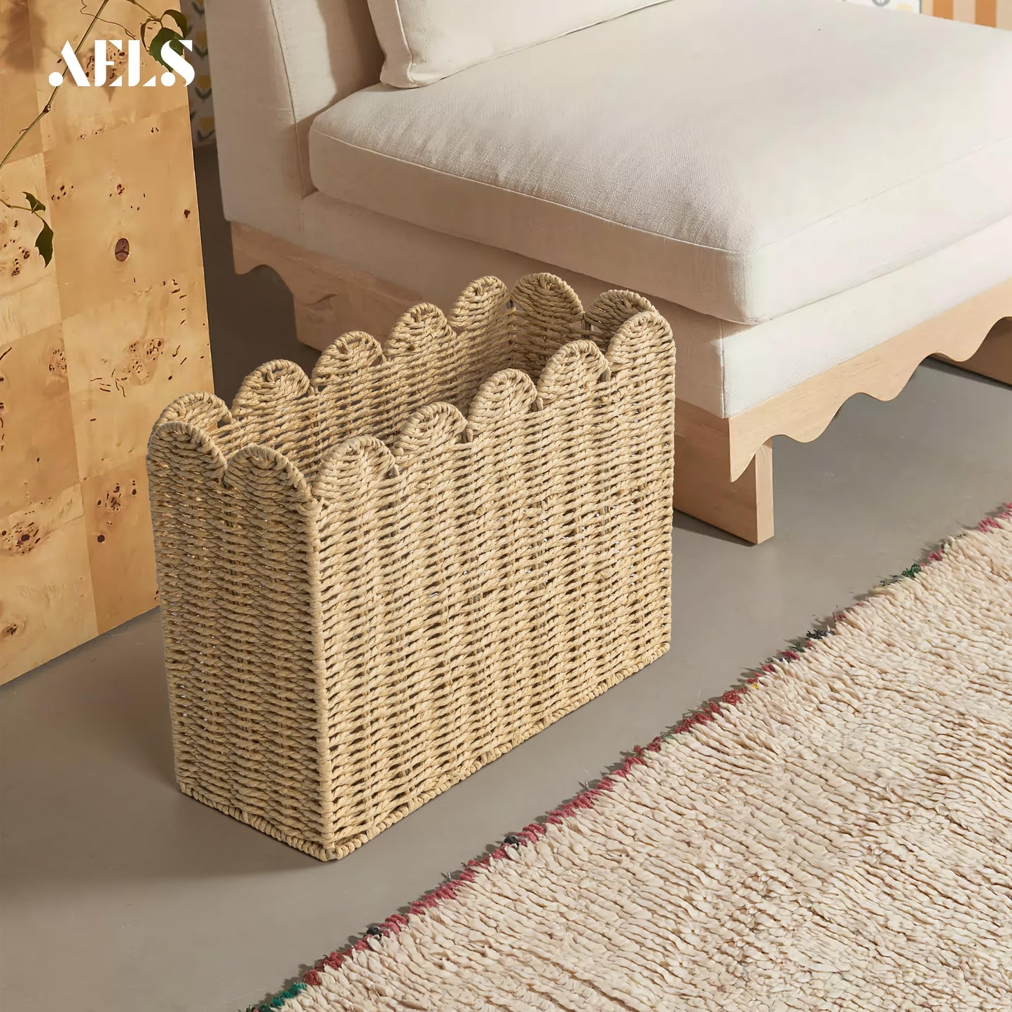 AELS Woven Natural Fibre Magazine Holder, Scalloped Edge Magazine Rack Floor, Hand-woven Magazine Organizer, Magazine Basket, Boho Modern Farmhouse Book Basket, File Newspaper Mail Holder for Office