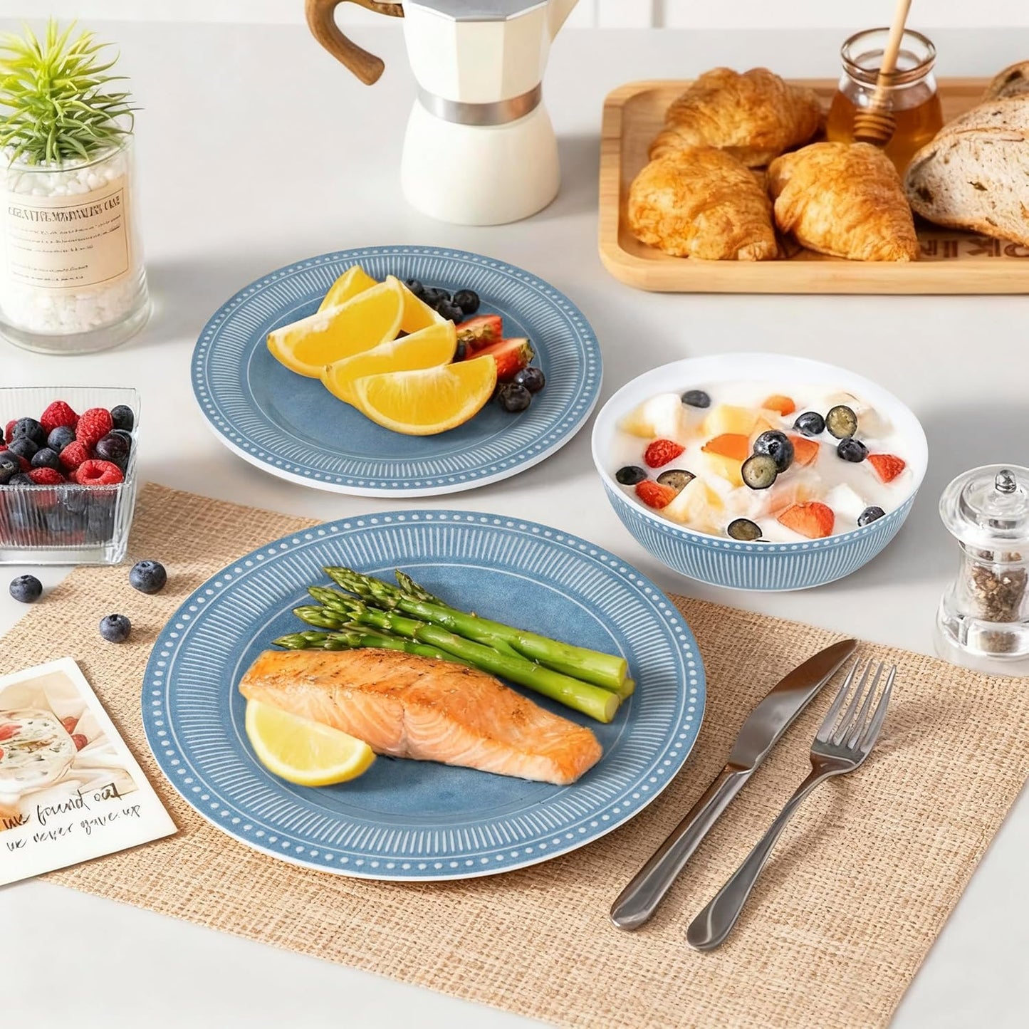 AELS Melamine Dinnerware Set of 12 Pcs, Dinner Dishes Set for Indoor and Outdoor Use, Melamine Plates and Bowls Set for 4, Dishwasher Safe, Lightweight Unbreakable, BPA Free, Blue