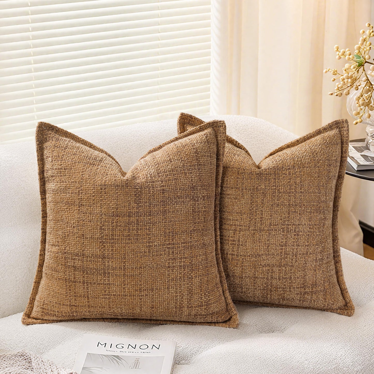 AELS 16x16 Decorative Chenille Farmhouse Throw Pillow Covers, Woven Pillow Case, Set of 2, Boho Textured Cushion Cover for Sofa Couch Living Room (Cover ONLY), Beige