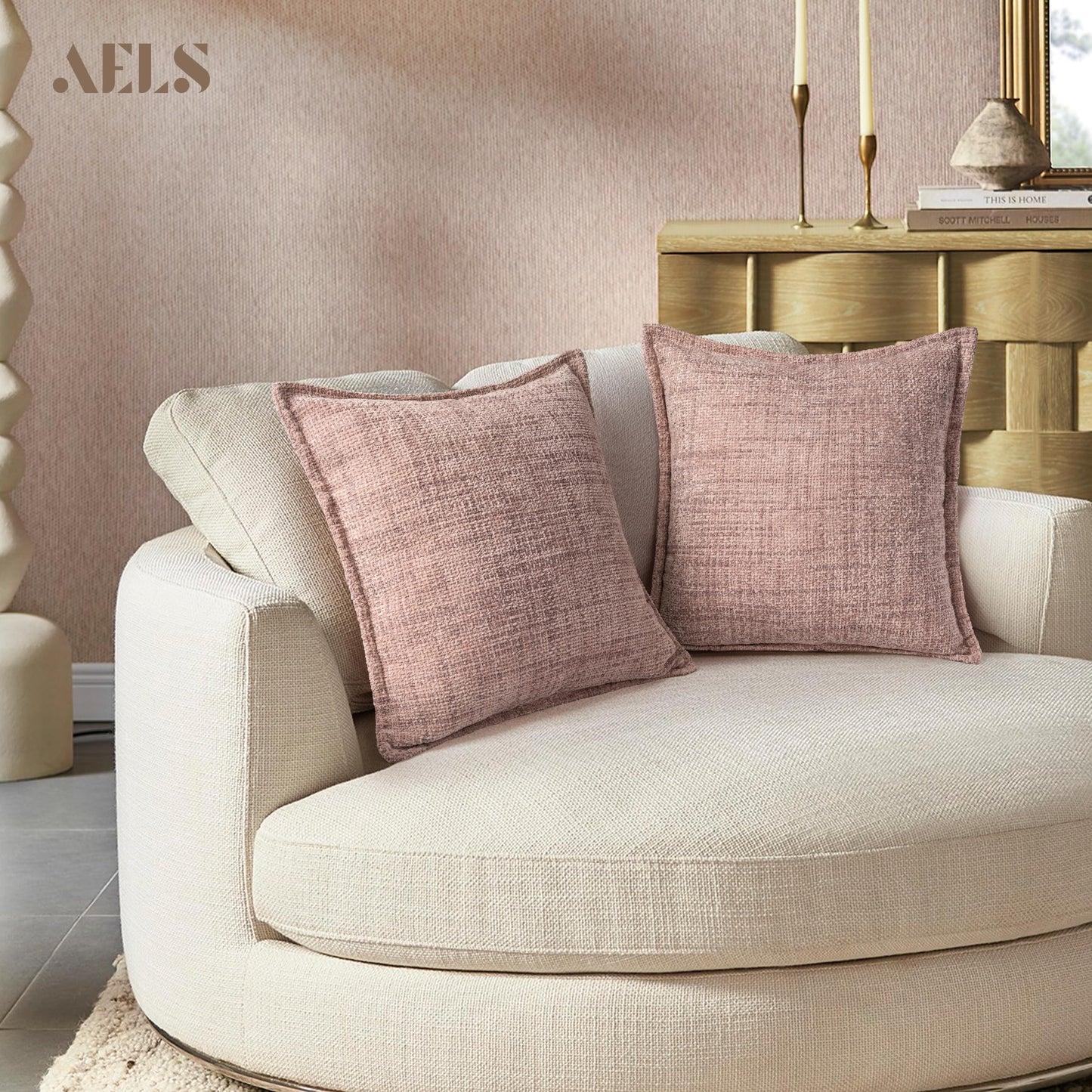 AELS 16x16 Decorative Chenille Farmhouse Throw Pillow Covers, Woven Pillow Case, Set of 2, Boho Textured Cushion Cover for Sofa Couch Living Room (Cover ONLY), Beige