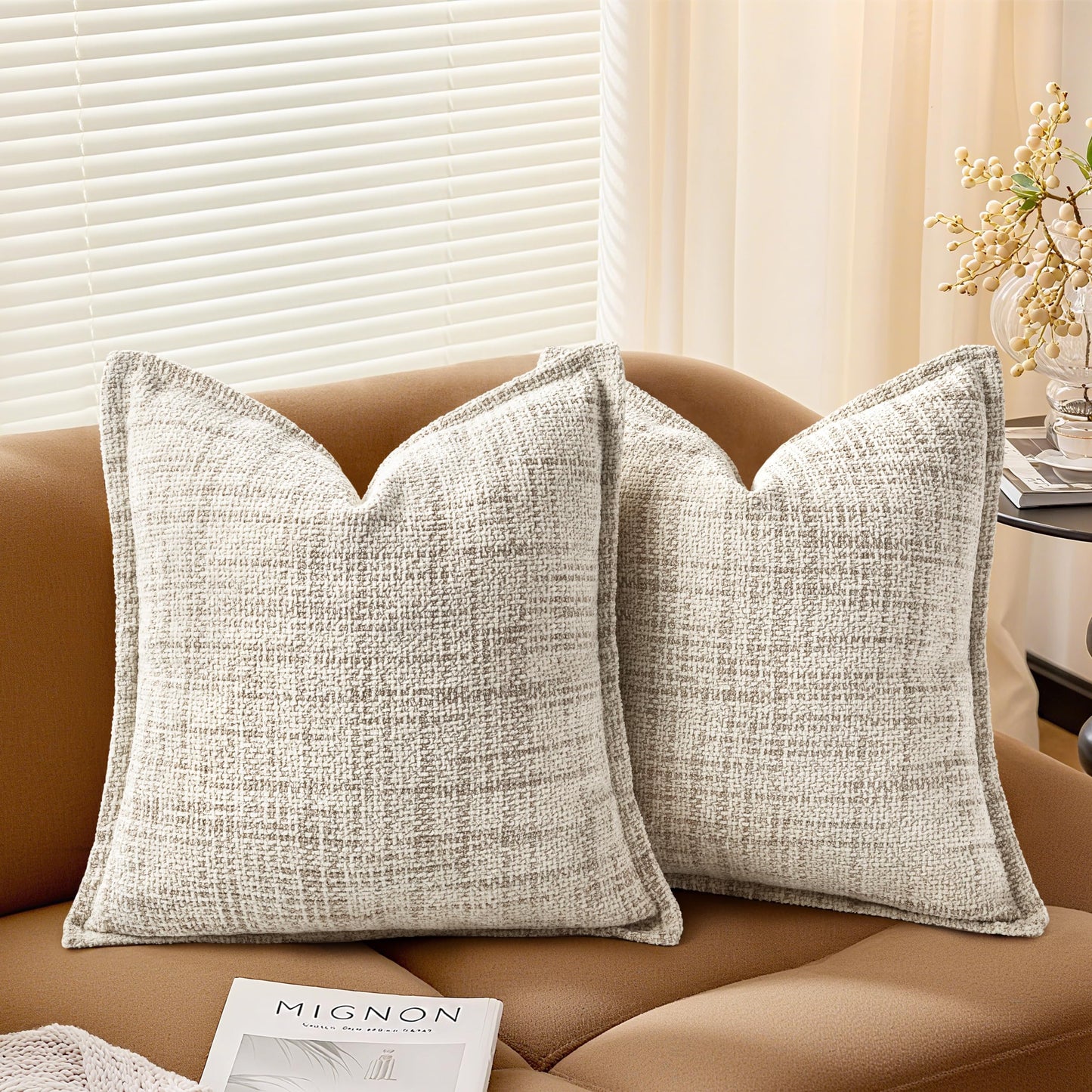 AELS 16x16 Decorative Chenille Farmhouse Throw Pillow Covers, Woven Pillow Case, Set of 2, Boho Textured Cushion Cover for Sofa Couch Living Room (Cover ONLY), Beige