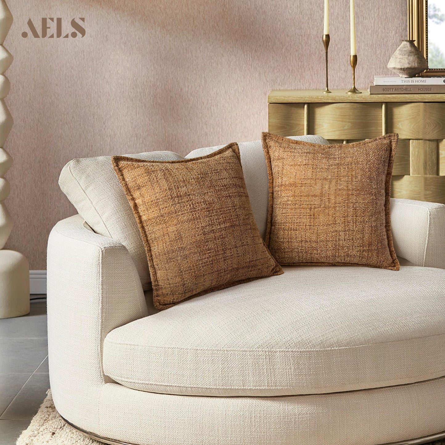 AELS 16x16 Decorative Chenille Farmhouse Throw Pillow Covers, Woven Pillow Case, Set of 2, Boho Textured Cushion Cover for Sofa Couch Living Room (Cover ONLY), Beige