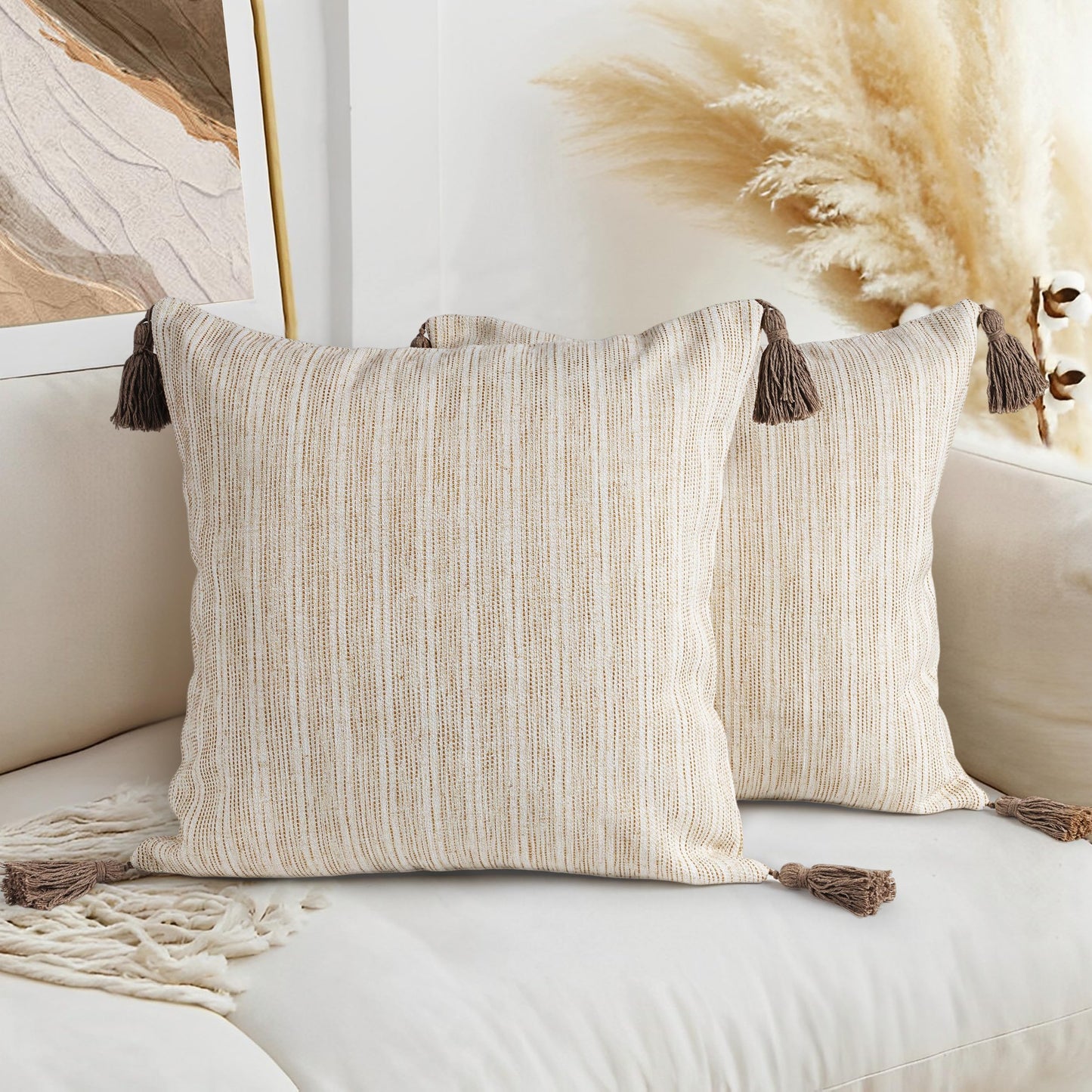 AELS 18x18 Decorative Farmhouse Linen Throw Pillow Covers with Tassels, Boho Textured Pillow Case, Set of 2, Beige with Ombre Blue Stitch Yarn Dyed Stripe Cushion Cover (Cover ONLY)