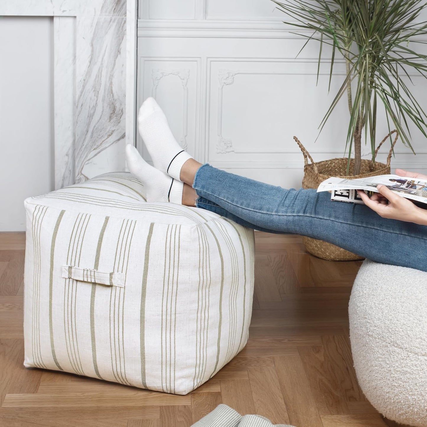 AELS Unstuffed Farmhouse Pouf Cover for Living Room, Storage Bean Bag Cubes, Off Beige & Light Brown Stripes Linen Square Ottoman Pouf Foot Rest Footstool, 18"x18"x18", Cover ONLY