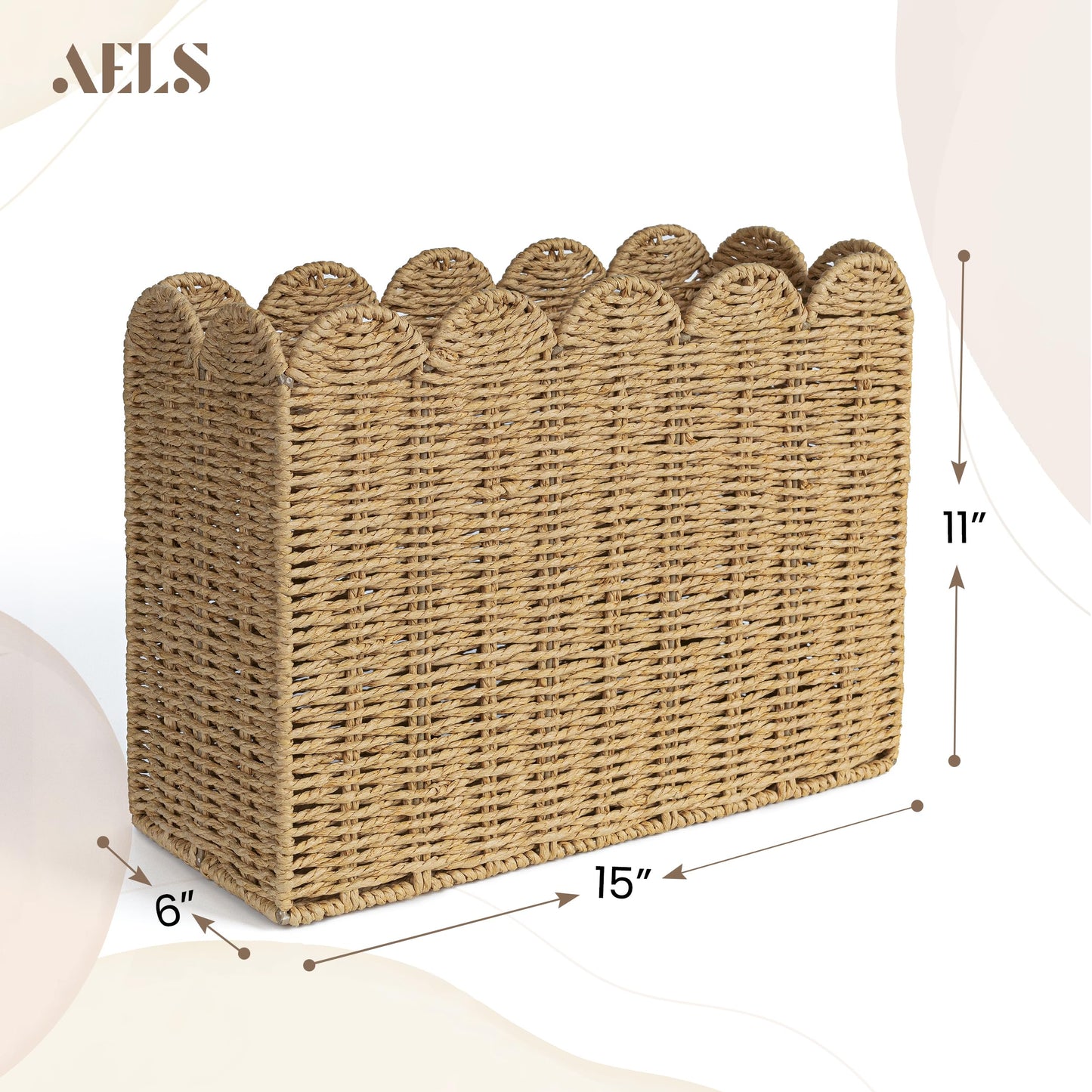 AELS Woven Natural Fibre Magazine Holder, Scalloped Edge Magazine Rack Floor, Hand-woven Magazine Organizer, Magazine Basket, Boho Modern Farmhouse Book Basket, File Newspaper Mail Holder for Office