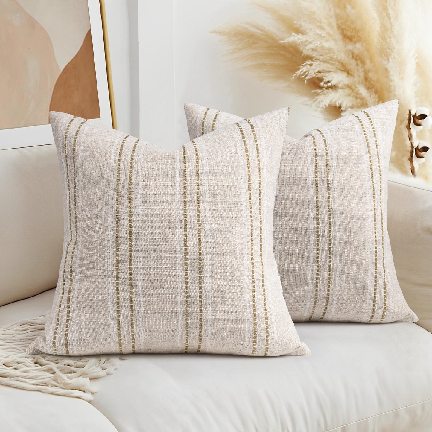 AELS 14x36 Decorative Lumbar Throw Pillow Covers, Farmhouse Linen Textured Long Pillow Case, Beige with White & Navy Blue Stitch Boho Cushion Cover for Couch Living Room (Cover ONLY)