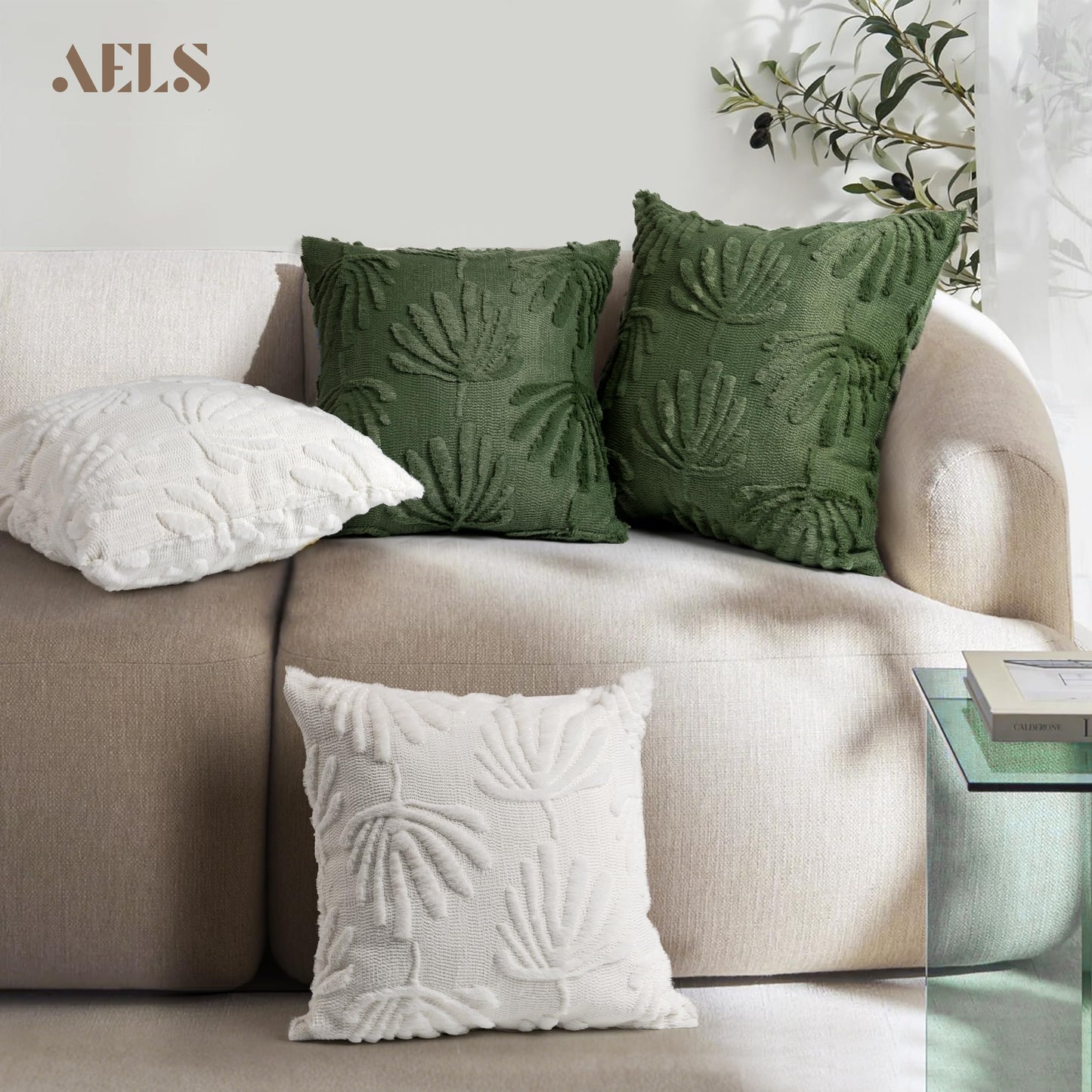 AELS Decorative Throw Pillow Covers 18x18, Set of 2, Modern Farmhouse Fan Palm Leaves Soft Plush Couch Pillow Case for Bed Couch Sofa, Green (Covers Only)