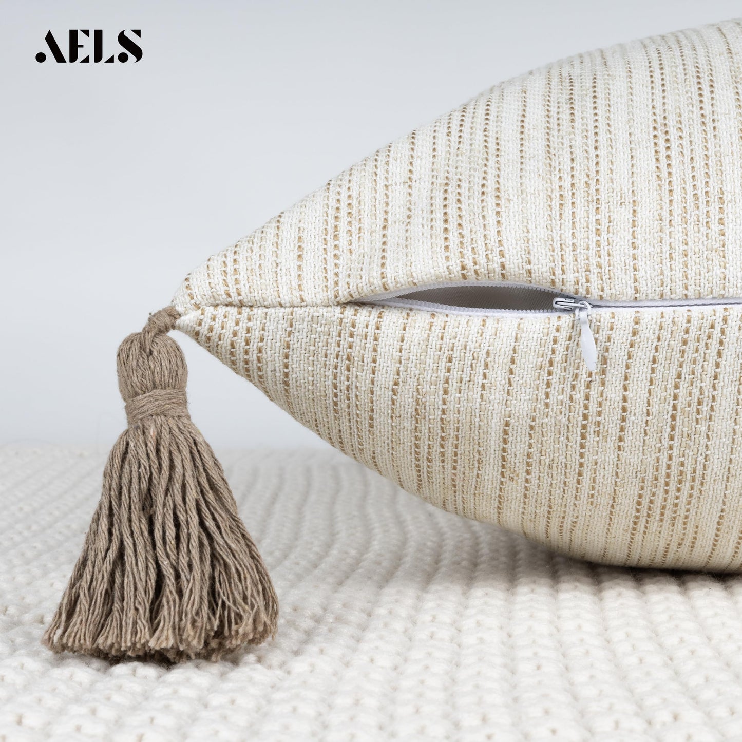 AELS 18x18 Decorative Farmhouse Linen Throw Pillow Covers with Tassels, Boho Textured Pillow Case, Set of 2, Beige with Ombre Blue Stitch Yarn Dyed Stripe Cushion Cover (Cover ONLY)