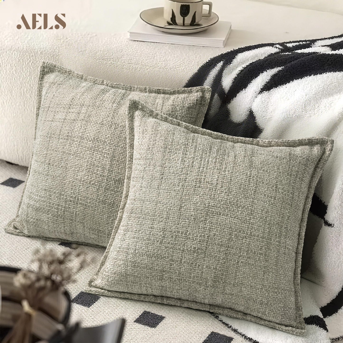 AELS 16x16 Decorative Chenille Farmhouse Throw Pillow Covers, Woven Pillow Case, Set of 2, Boho Textured Cushion Cover for Sofa Couch Living Room (Cover ONLY), Beige