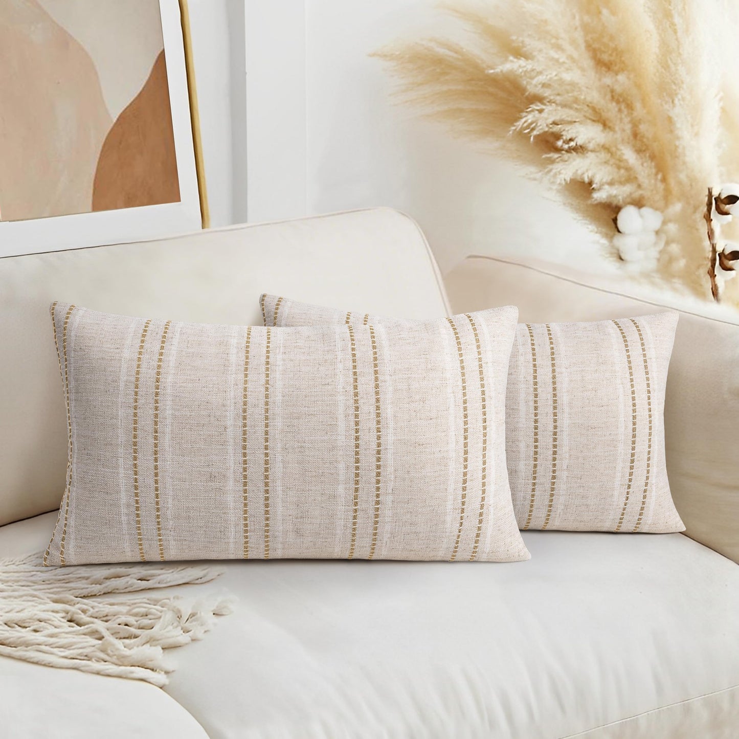 AELS 14x36 Decorative Lumbar Throw Pillow Covers, Farmhouse Linen Textured Long Pillow Case, Beige with White & Navy Blue Stitch Boho Cushion Cover for Couch Living Room (Cover ONLY)