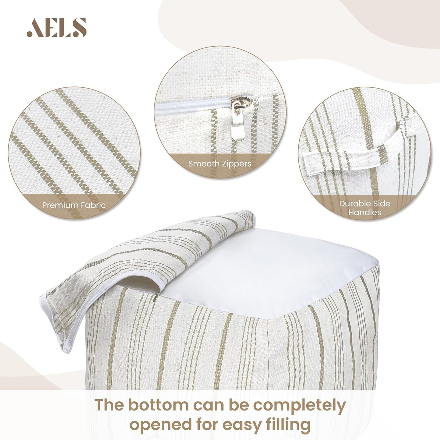 AELS Unstuffed Farmhouse Pouf Cover for Living Room, Storage Bean Bag Cubes, Off Beige & Light Brown Stripes Linen Square Ottoman Pouf Foot Rest Footstool, 18"x18"x18", Cover ONLY