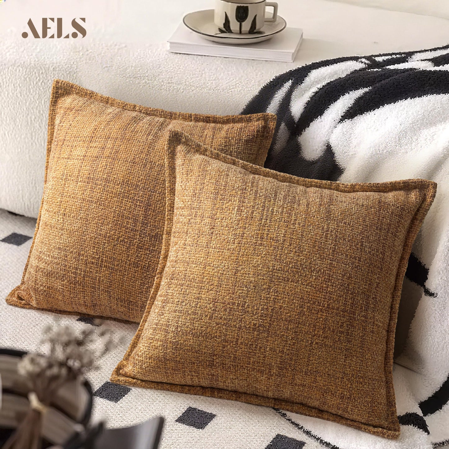 AELS 16x16 Decorative Chenille Farmhouse Throw Pillow Covers, Woven Pillow Case, Set of 2, Boho Textured Cushion Cover for Sofa Couch Living Room (Cover ONLY), Beige