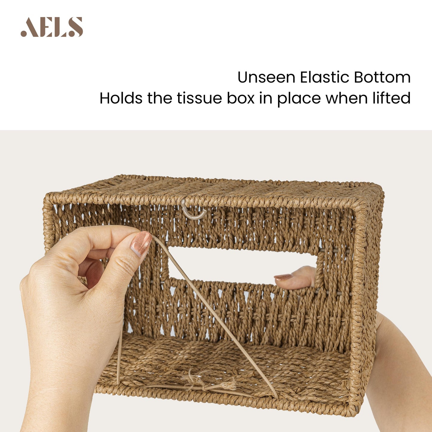 AELS Farmhouse Tissue Box Cover Square, Hand Woven Strawpaper Facial Tissue Paper Holder, Cute Tissue Box Holder Square, Boho Bathroom Decor Box for Tissues Cube Box w/Elastic Bottom, Beige