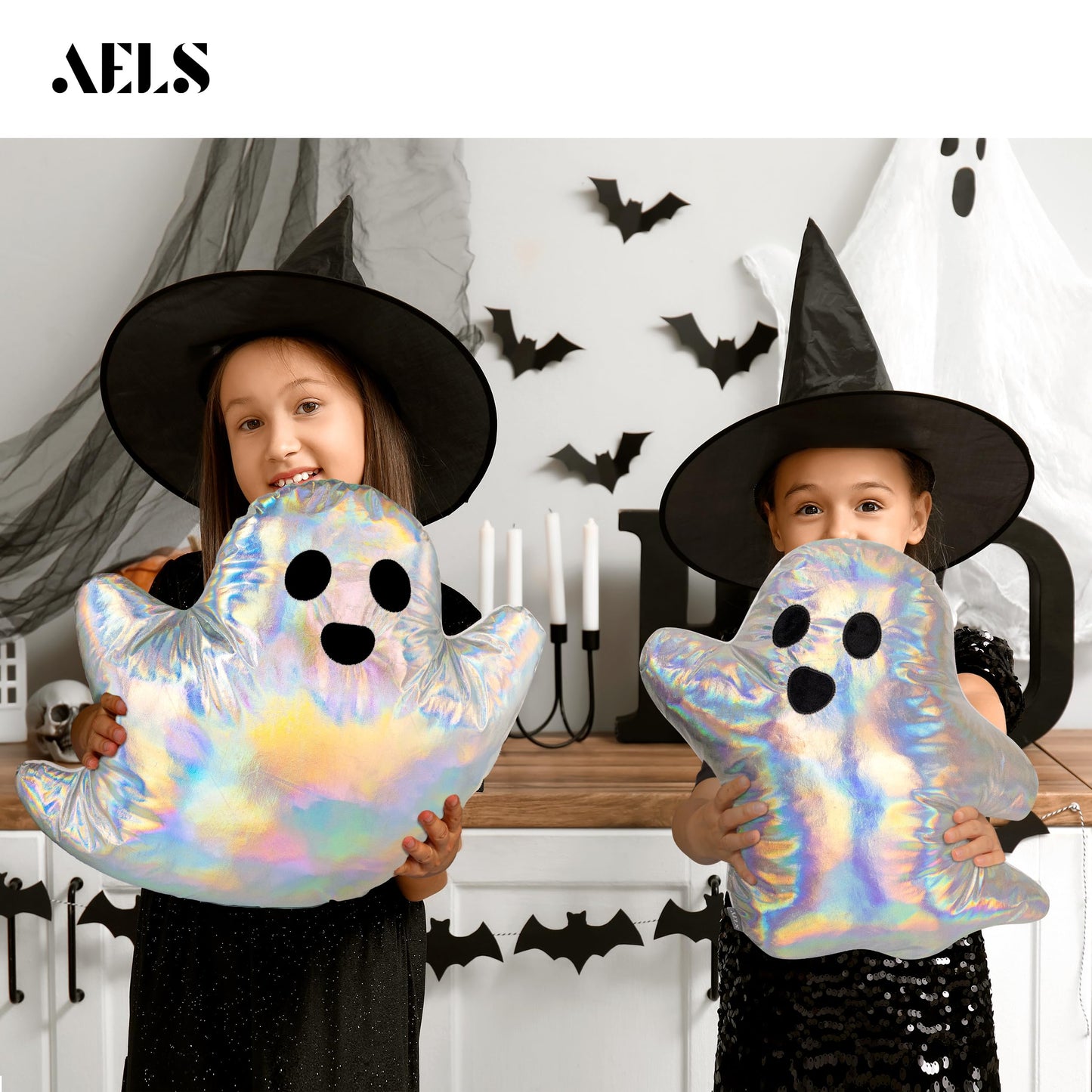 AELS 19.6" Ghost Decorative Throw Pillow Set of 2, Ghost Shaped Spooky Plush Pillows, Halloween Decorations, Halloween Pillows for Holiday Party Home, Decor for Living Room Bedroom, White