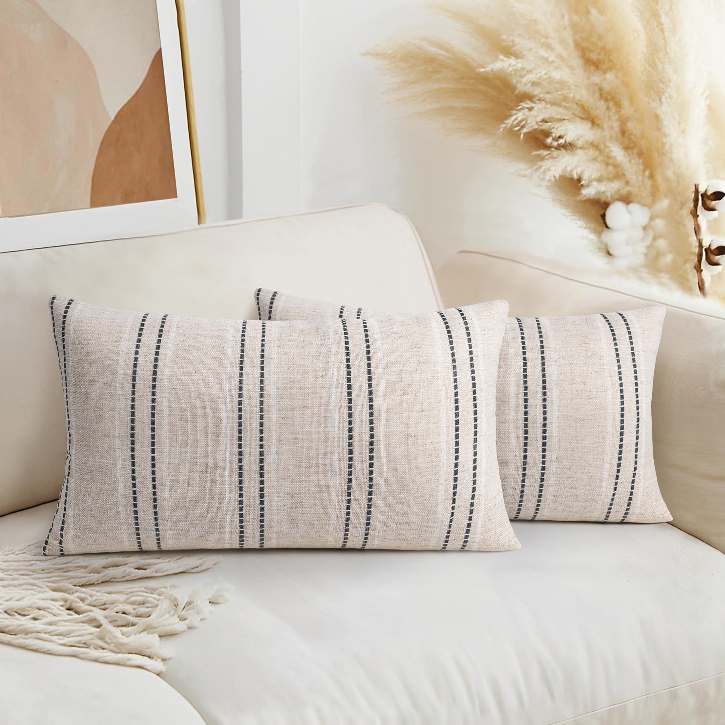 AELS 14x36 Decorative Lumbar Throw Pillow Covers, Farmhouse Linen Textured Long Pillow Case, Beige with White & Navy Blue Stitch Boho Cushion Cover for Couch Living Room (Cover ONLY)