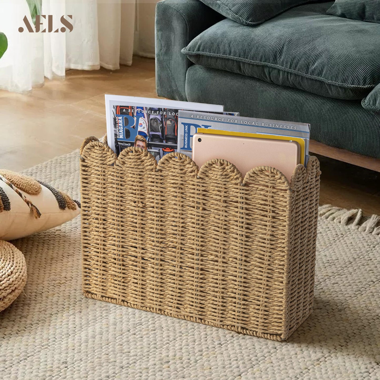 AELS Woven Natural Fibre Magazine Holder, Scalloped Edge Magazine Rack Floor, Hand-woven Magazine Organizer, Magazine Basket, Boho Modern Farmhouse Book Basket, File Newspaper Mail Holder for Office