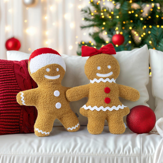 AELS Gingerbread Man Pillow Set of 2, 17.3" & 16" Christmas Decorative Throw Pillows, Gingerbread Boy & Girl Shaped Plush for Christmas, Living Room Bedroom Decoration