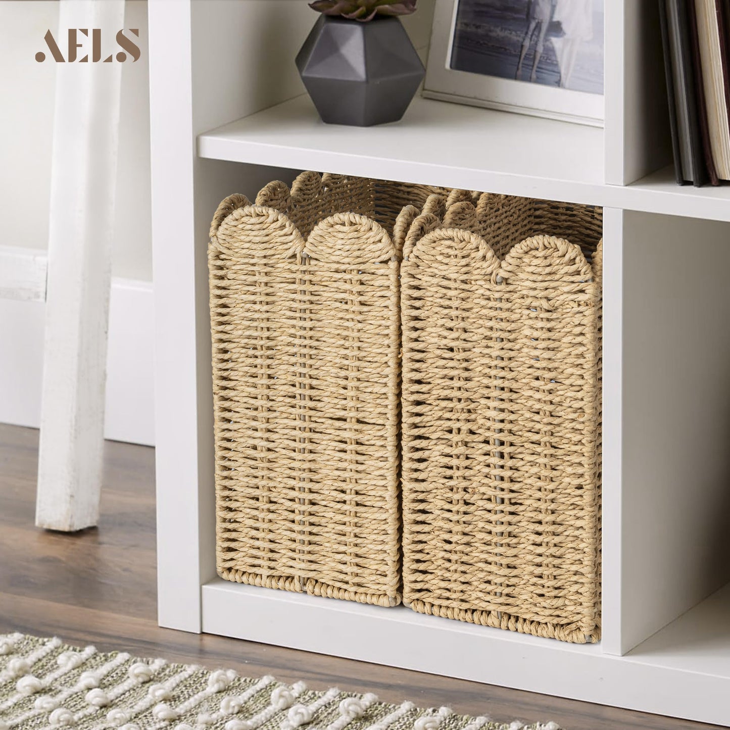 AELS Woven Natural Fibre Magazine Holder, Scalloped Edge Magazine Rack Floor, Hand-woven Magazine Organizer, Magazine Basket, Boho Modern Farmhouse Book Basket, File Newspaper Mail Holder for Office